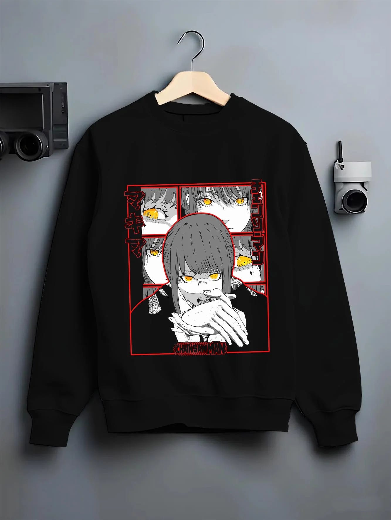Black crewneck sweatshirt on hanger with Makima Devilish Hoodie Chainsaw Man Fiend Look graphic Makima anime design.