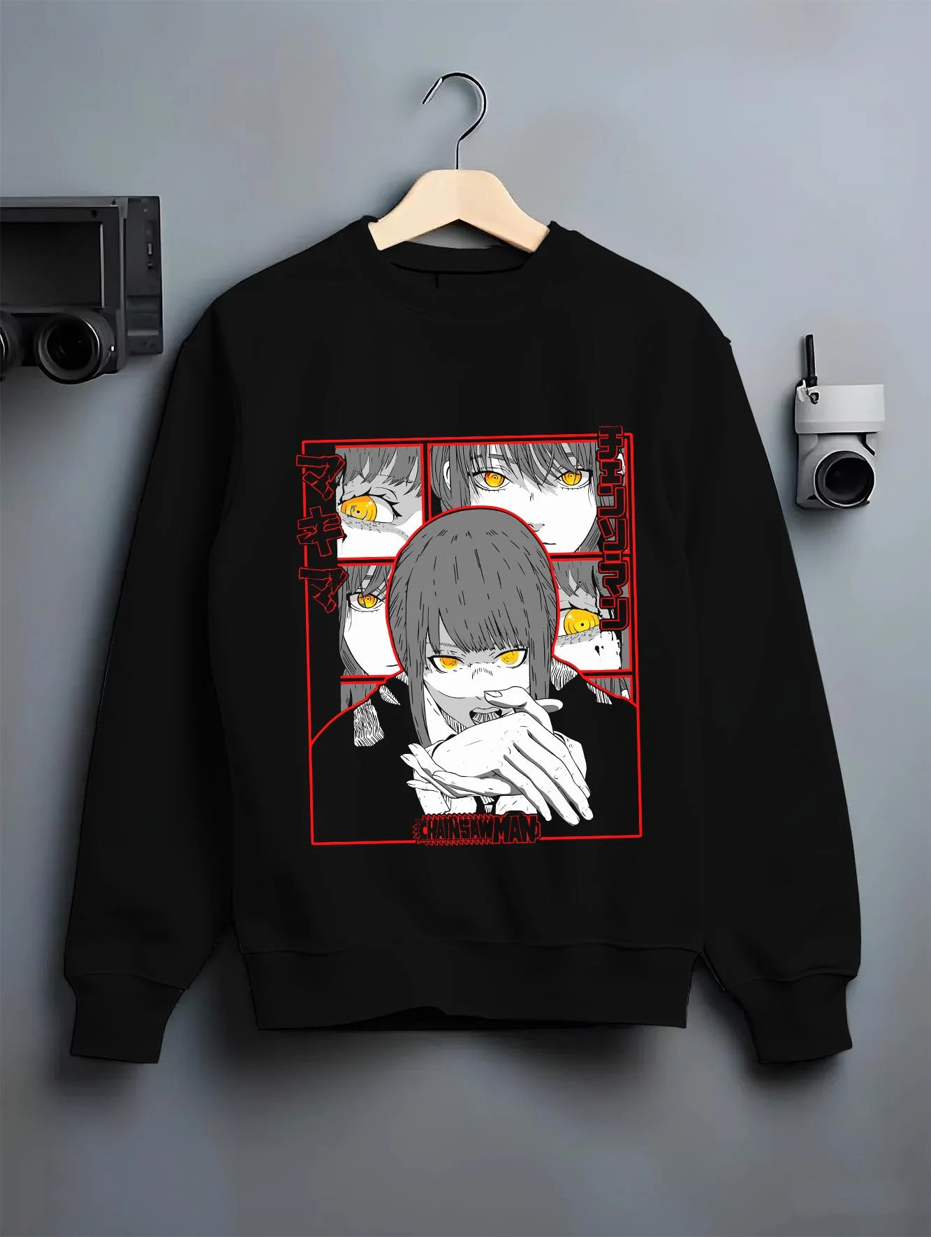Black crewneck sweatshirt on hanger with Makima Devilish Hoodie Chainsaw Man Fiend Look graphic Makima anime design.
