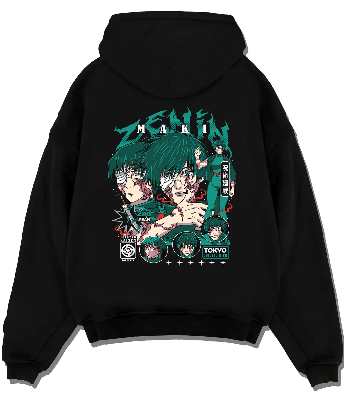 Black hoodie flat back view showing Maki Zenin from Jujutsu Kaisen: manga portraits with scars
