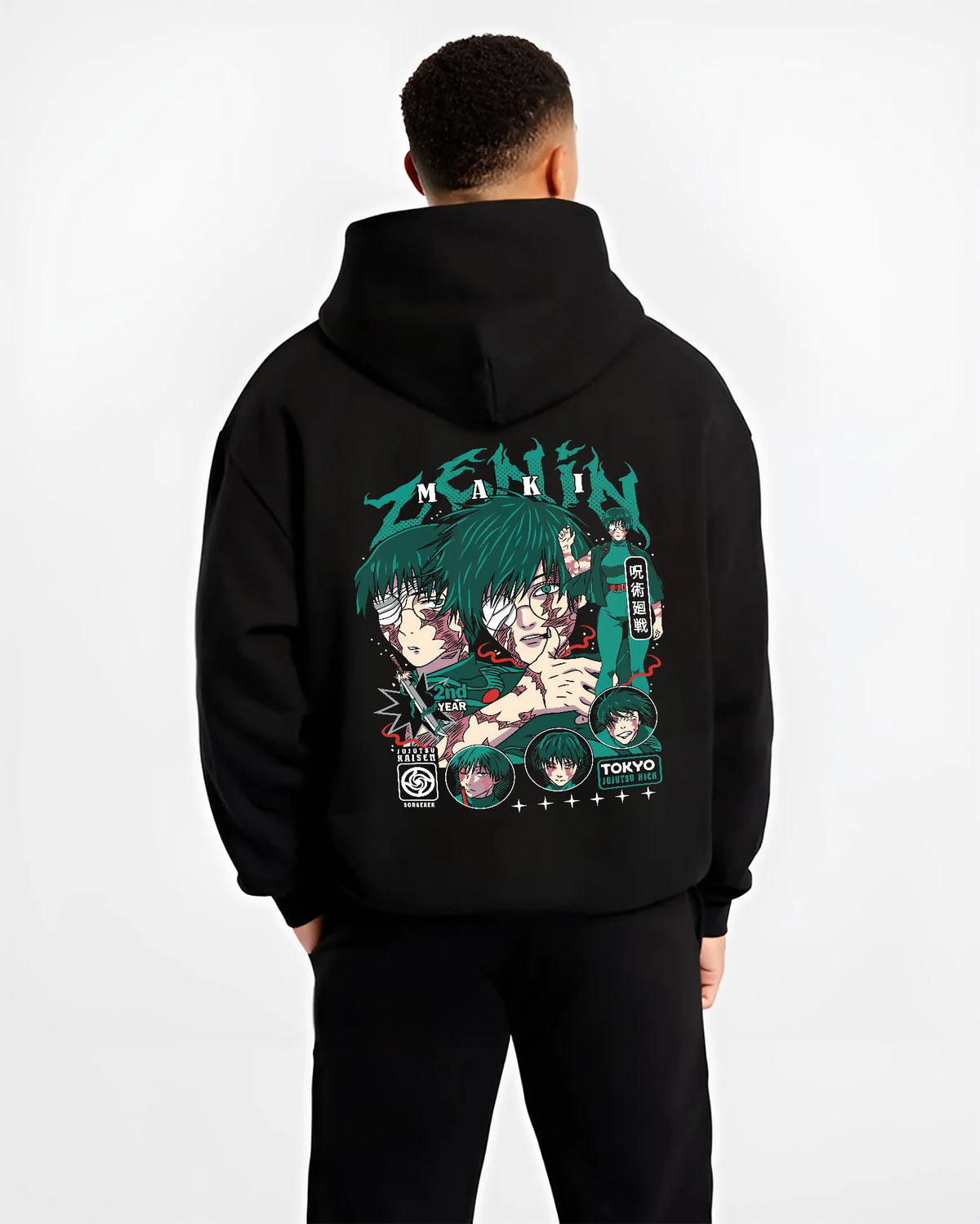 Black hoodie model back view showing Maki Zenin from Jujutsu Kaisen: manga portraits with scars