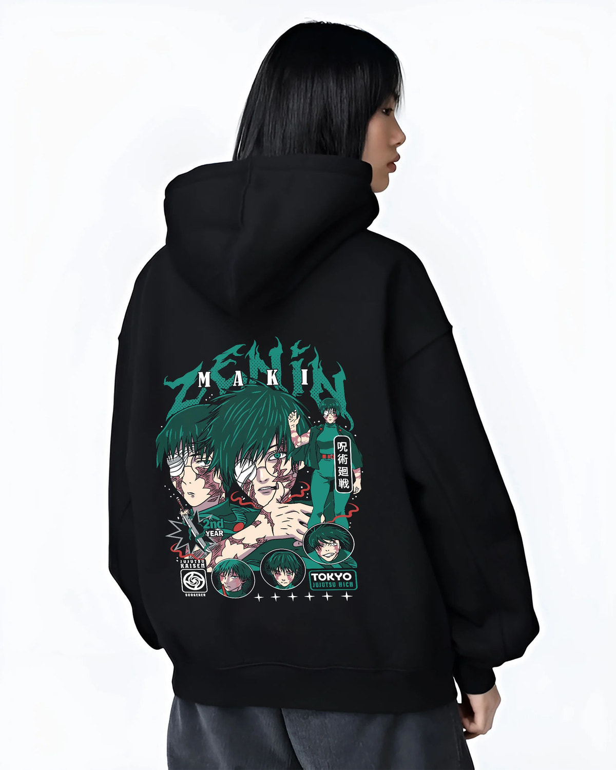 Black hoodie female model back view showing Maki Zenin from Jujutsu Kaisen: manga portraits with scars