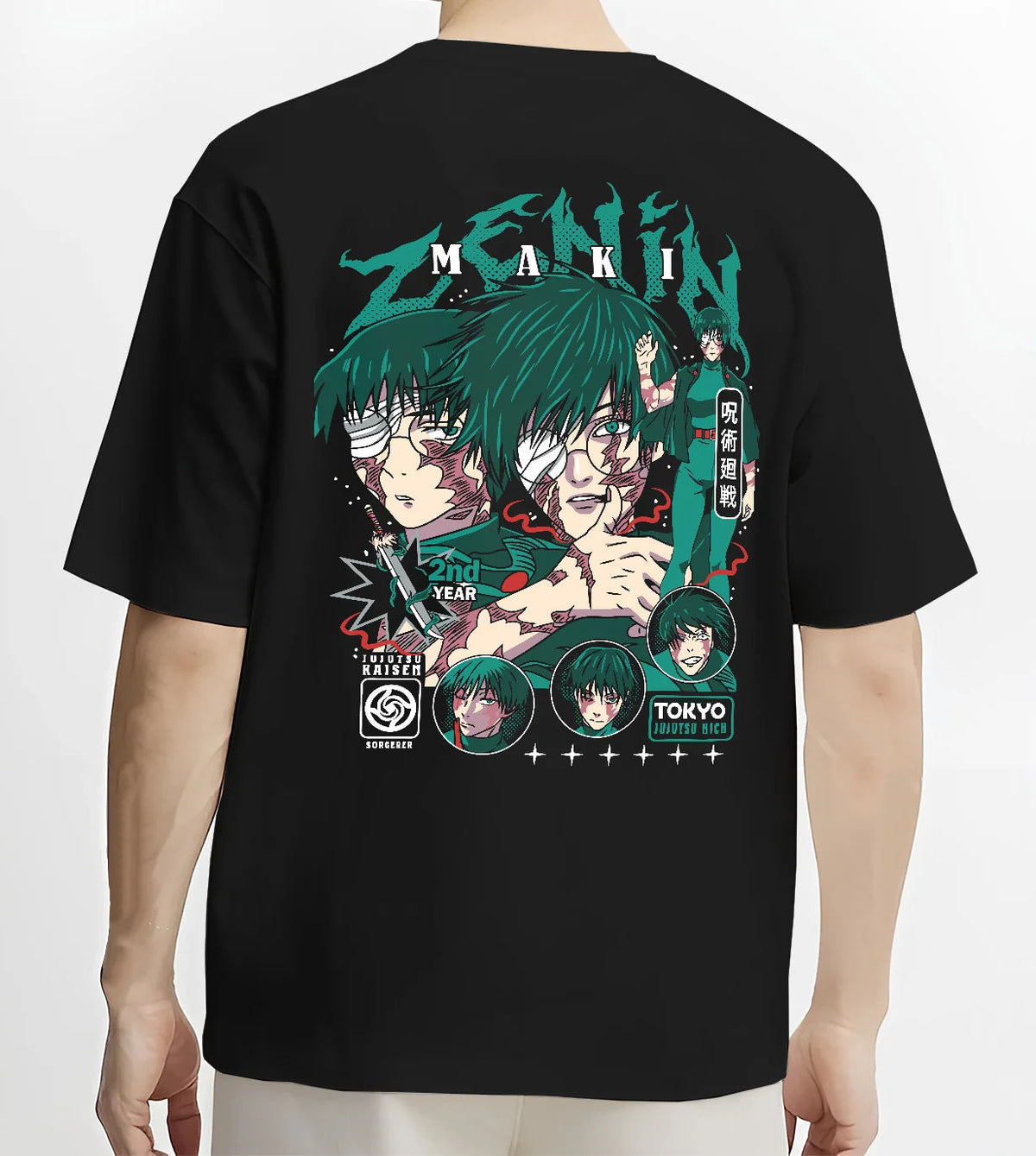 Black T-shirt model back view showing Maki Zenin from Jujutsu Kaisen: manga portraits with scars