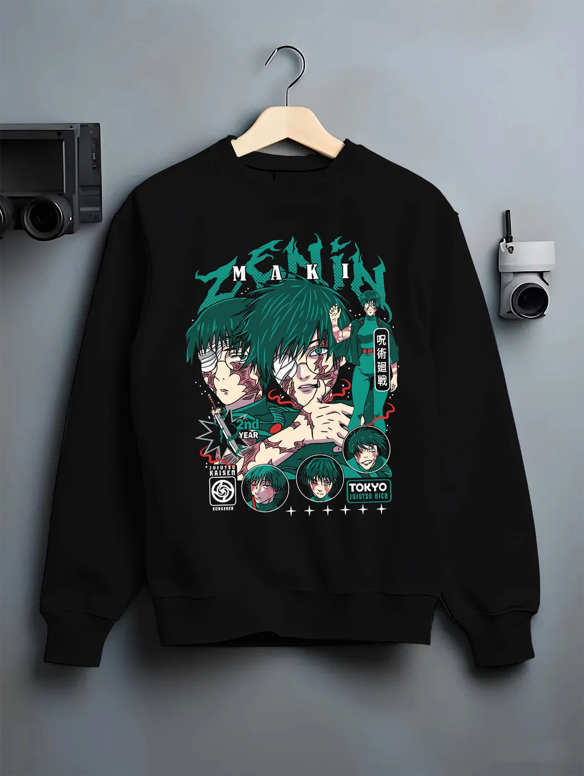 Black crewneck sweatshirt on hanger showing Maki Zenin from Jujutsu Kaisen: manga portraits with scars