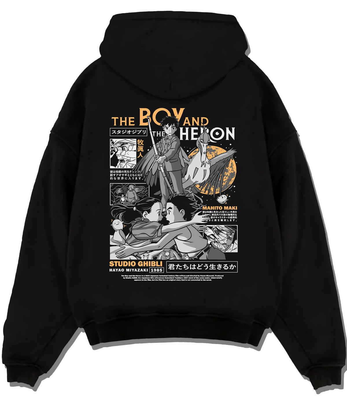 Black hoodie flat back view with Mahito Maki, the Grey Heron and supporting cast from The Boy and the Heron illustrated