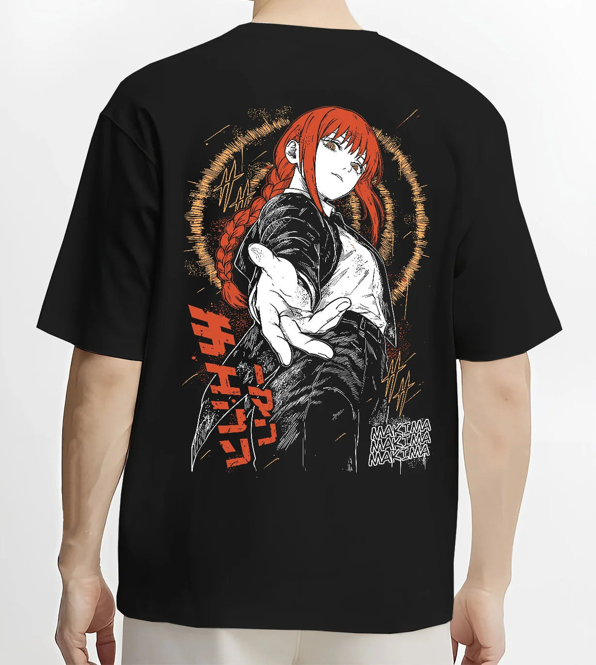 Black T-shirt model back view showing Makima from Chainsaw Man: orange-haired portrait