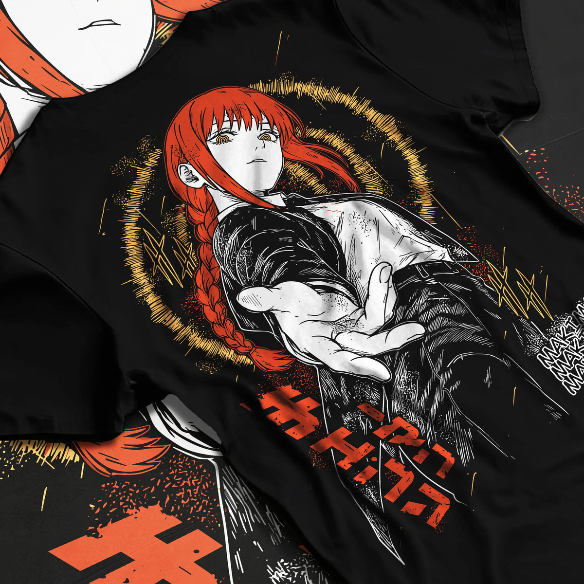 Black T-shirt flat back view showing Makima from Chainsaw Man: orange-haired portrait