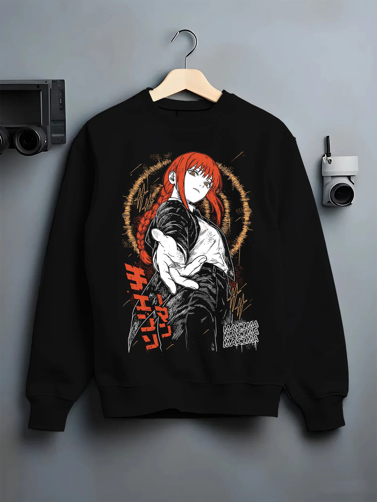 Black crewneck sweatshirt on hanger showing Makima from Chainsaw Man: orange-haired portrait