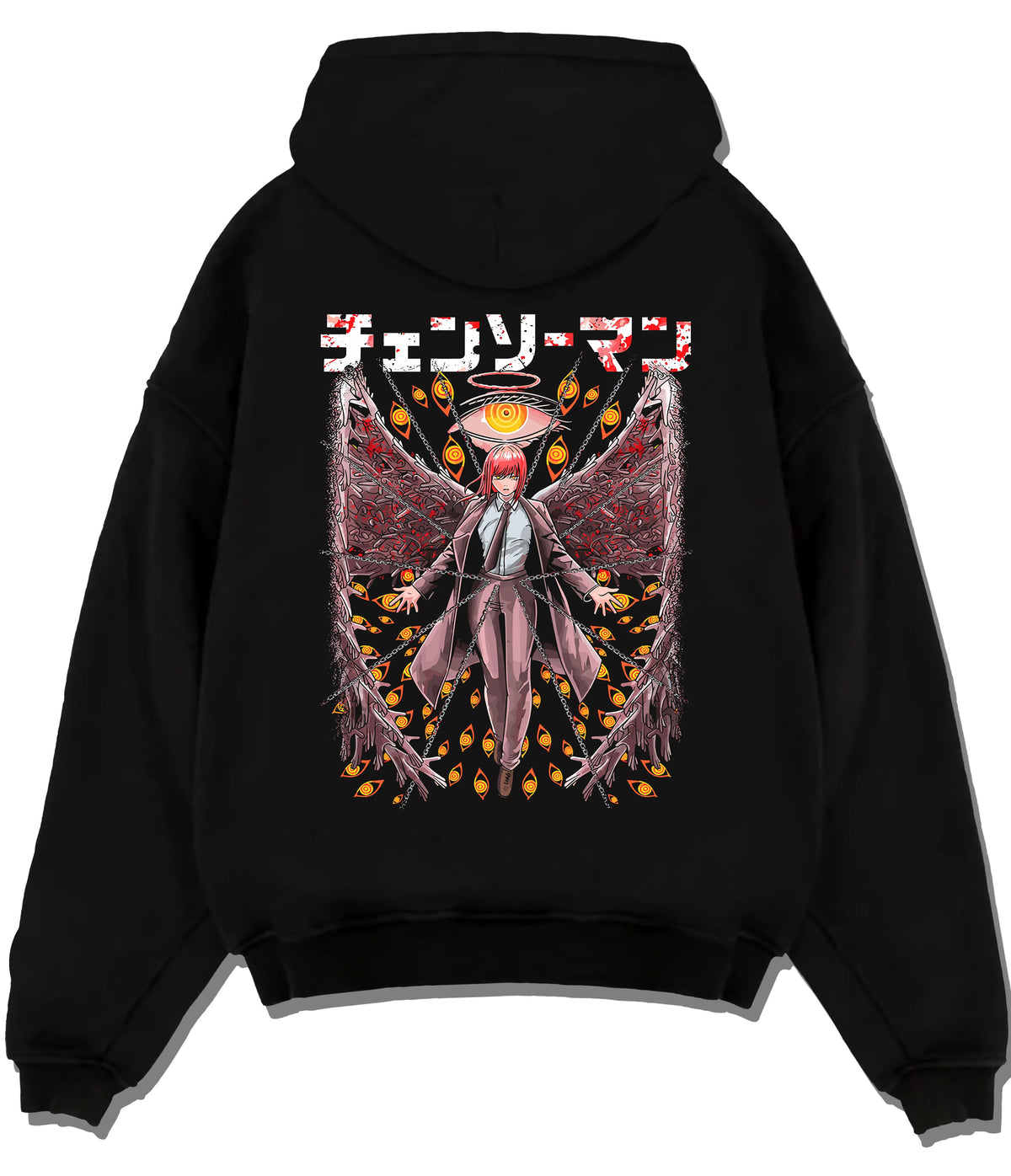 Black hoodie flat back view showing Makima from Chainsaw Man: Control Devil with chains