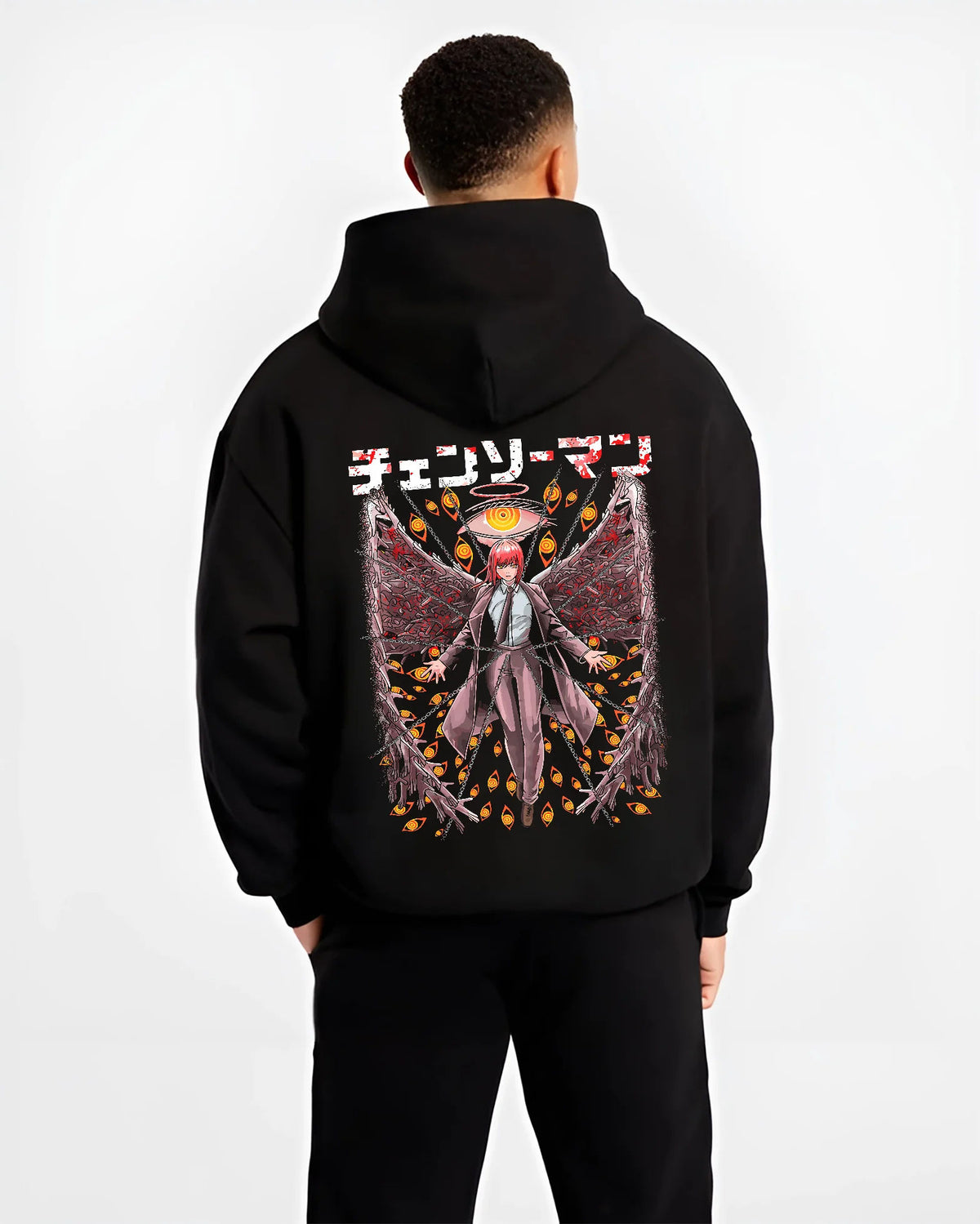 Black hoodie model back view showing Makima from Chainsaw Man: Control Devil with chains