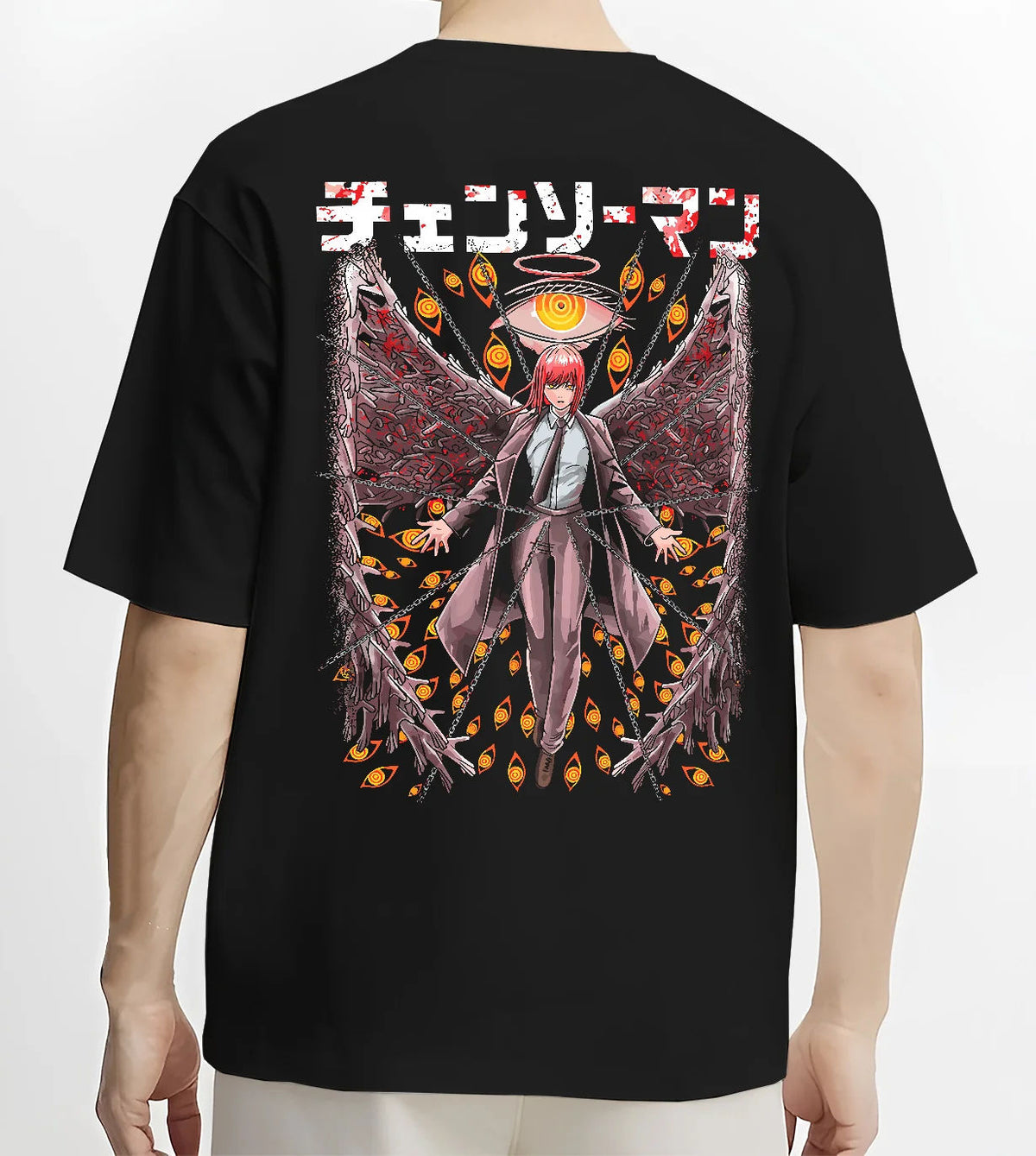 Black T-shirt model back view showing Makima from Chainsaw Man: Control Devil with chains
