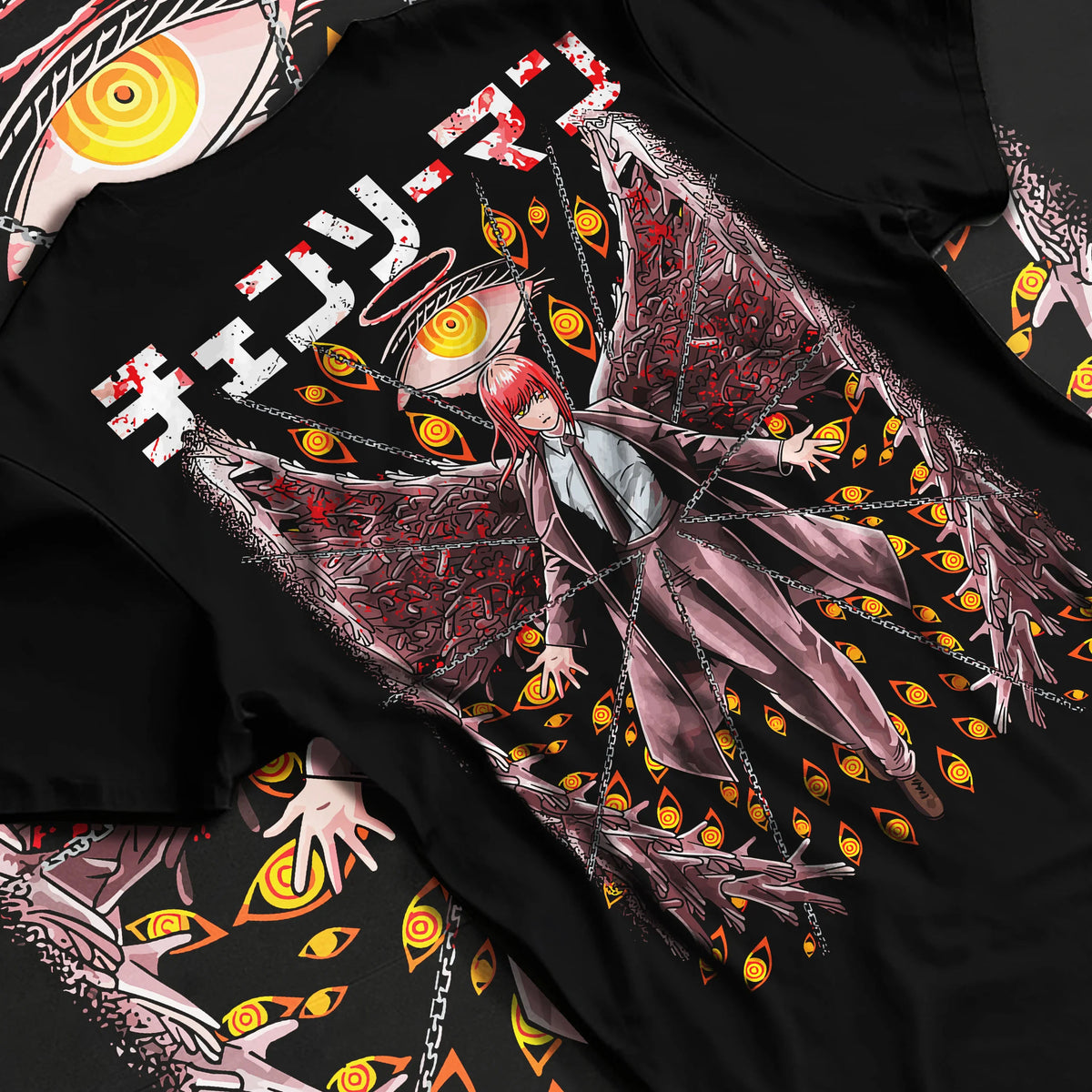 Black T-shirt flat back view showing Makima from Chainsaw Man: Control Devil with chains