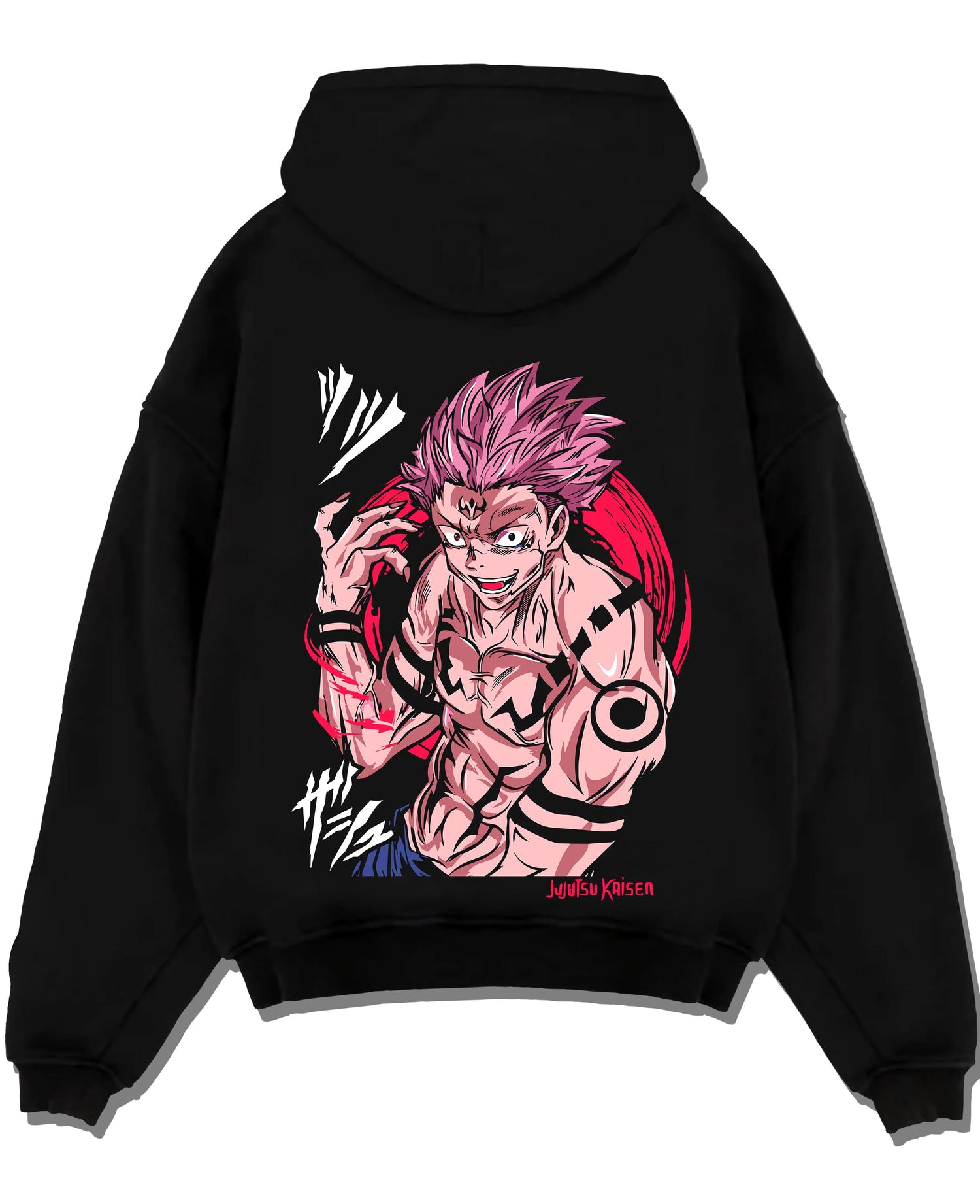 Black pullover hoodie laid flat with Sukuna Hoodie Jujutsu Kaisen Cursed Mark Power graphic Sukuna anime design.