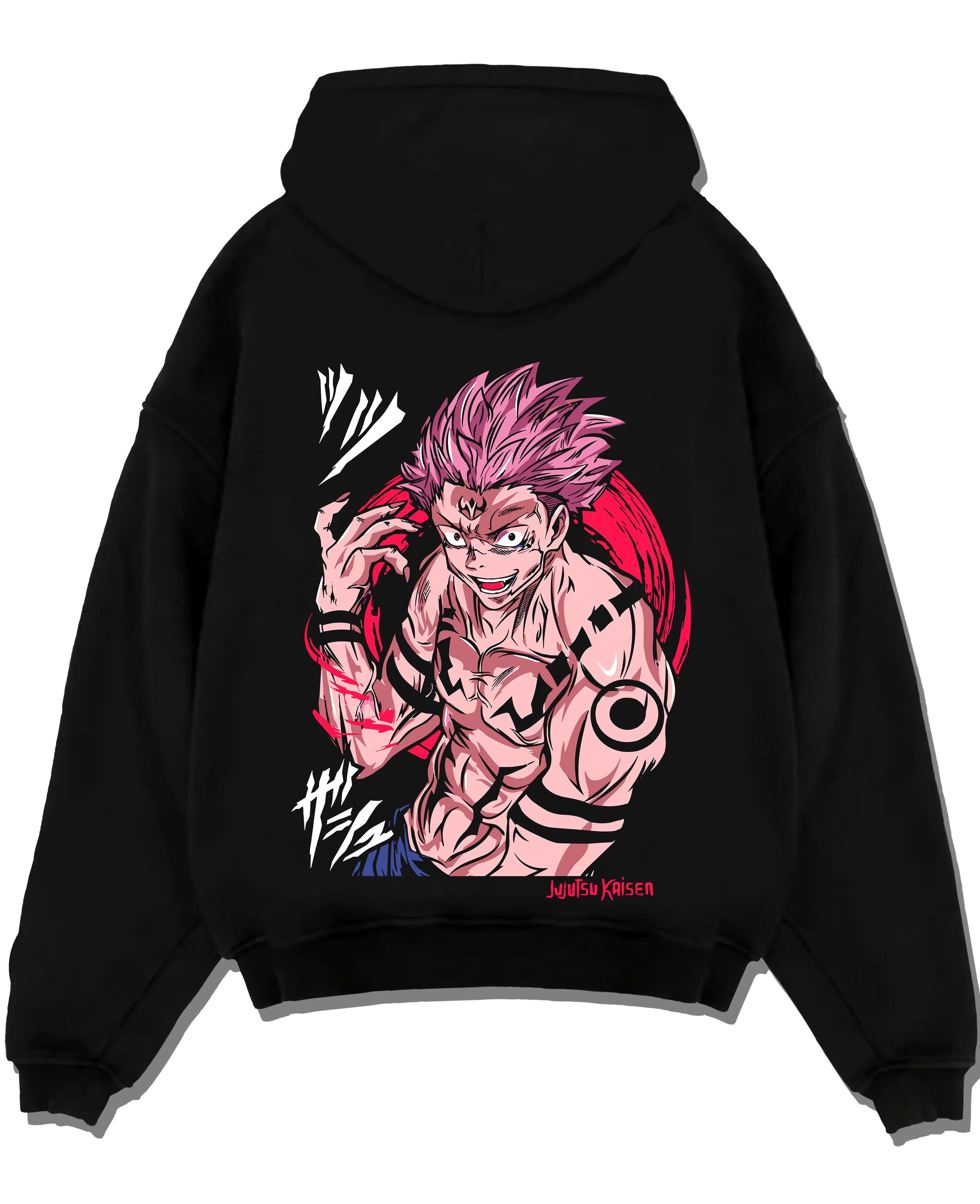 Black pullover hoodie laid flat with Sukuna Hoodie Jujutsu Kaisen Cursed Mark Power graphic Sukuna anime design.