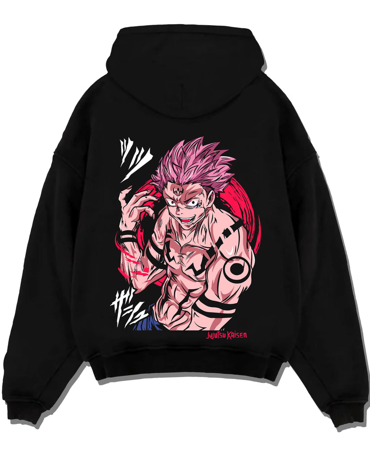 Black pullover hoodie laid flat with Sukuna Hoodie Jujutsu Kaisen Cursed Mark Power graphic Sukuna anime design.
