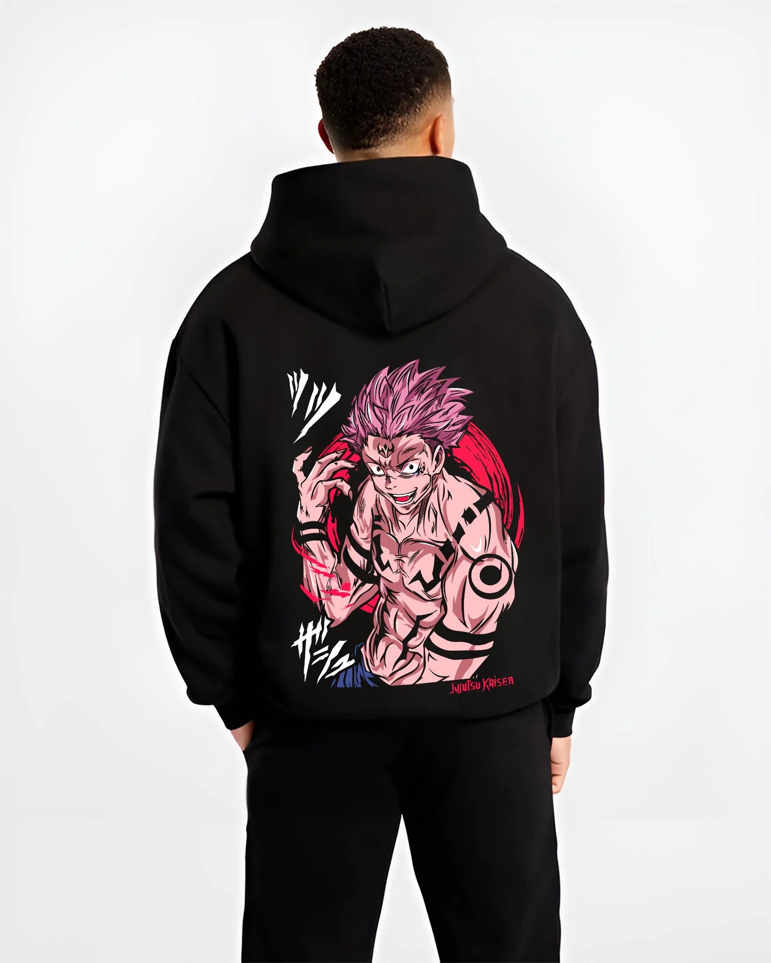 Black hoodie worn by male model, back view with Sukuna Hoodie Jujutsu Kaisen Cursed Mark Power graphic bold anime graphic.