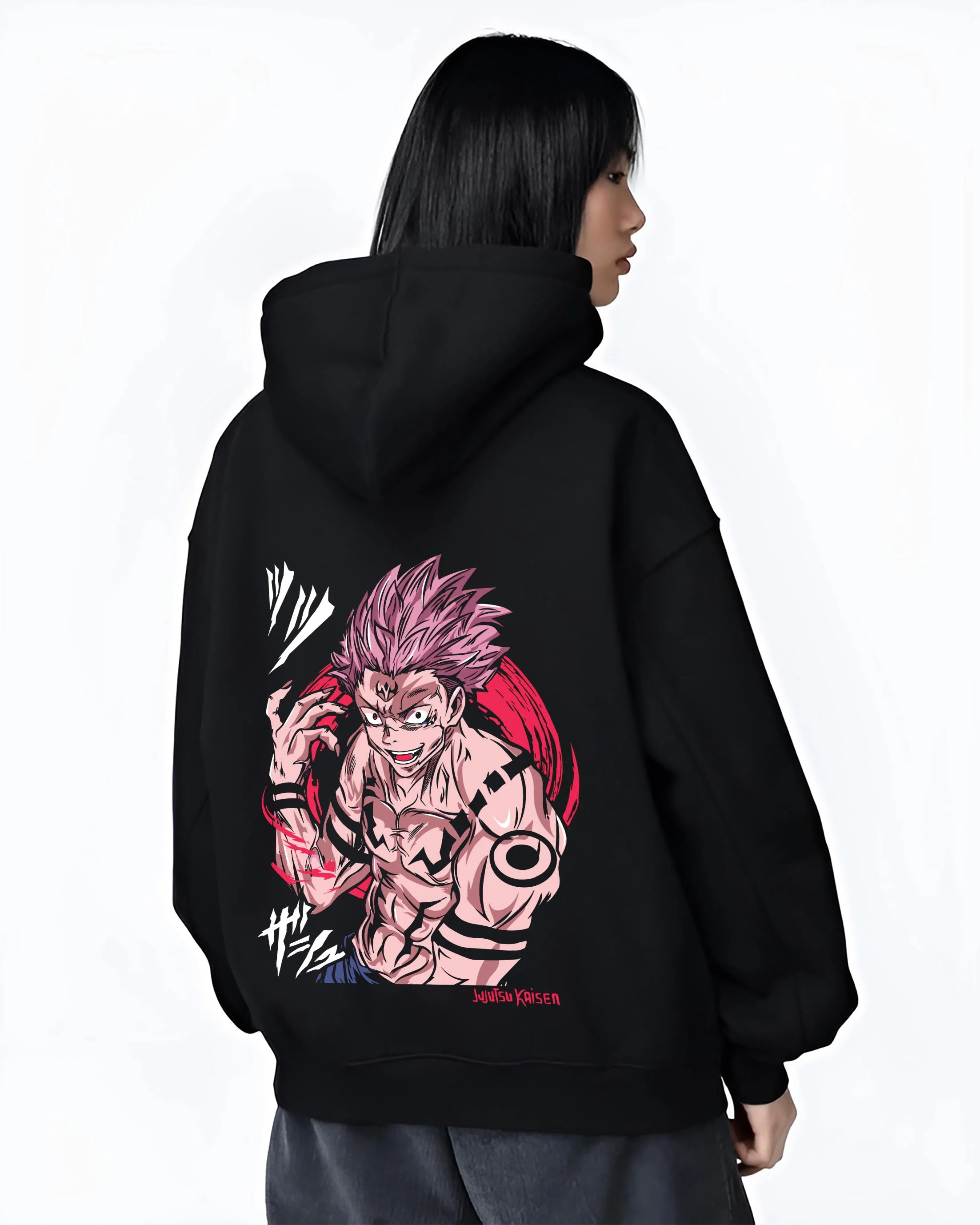 Black hoodie worn by female model, back view with Sukuna Hoodie Jujutsu Kaisen Cursed Mark Power graphic Sukuna anime design.