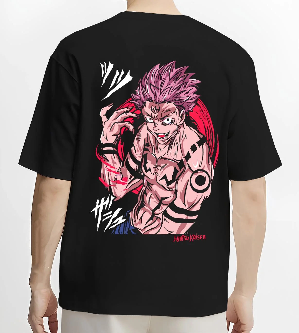 Black T-shirt worn by male model, back view with Sukuna Hoodie Jujutsu Kaisen Cursed Mark Power graphic streetwear graphic.