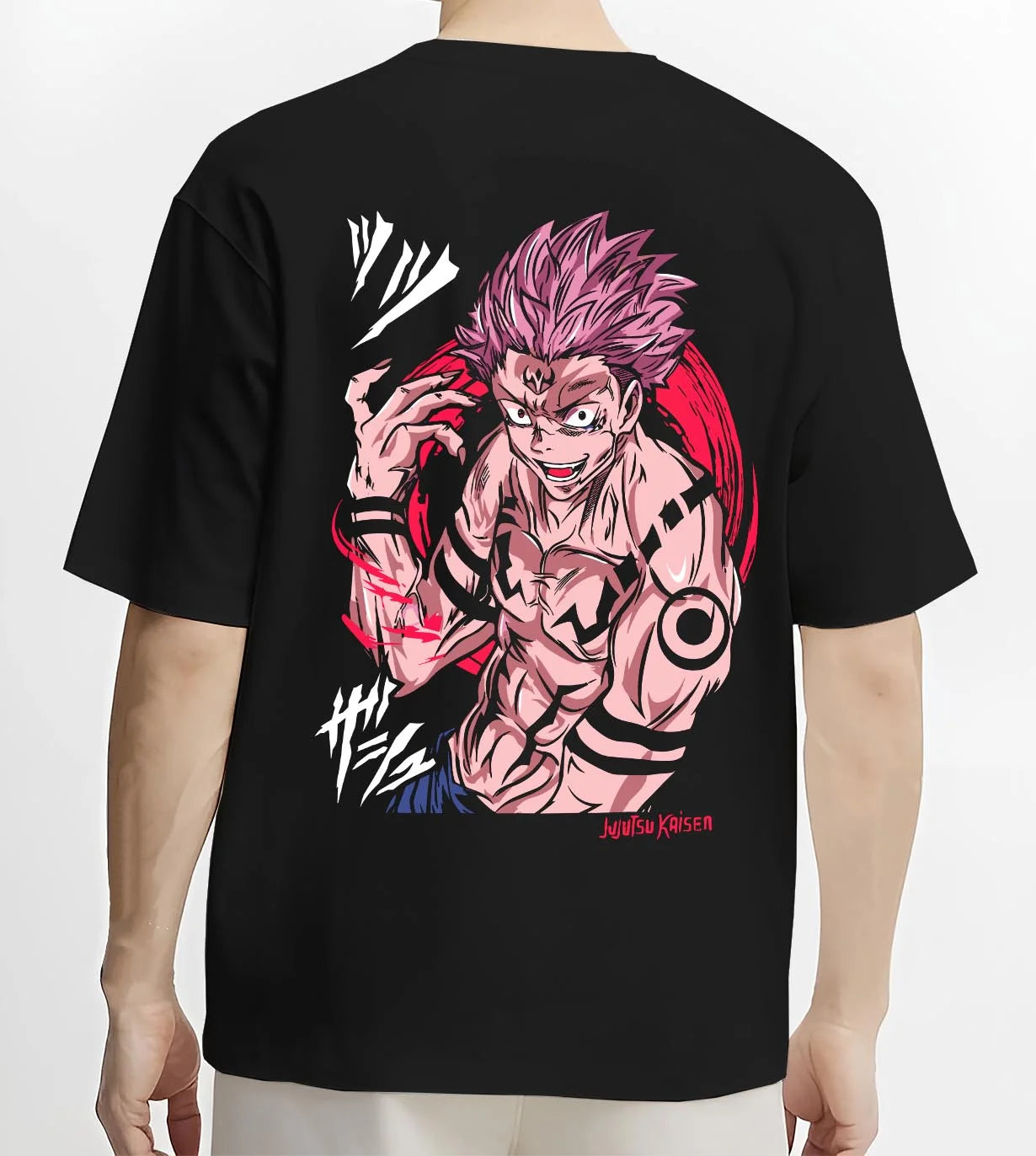 Black T-shirt worn by male model, back view with Sukuna Hoodie Jujutsu Kaisen Cursed Mark Power graphic streetwear graphic.