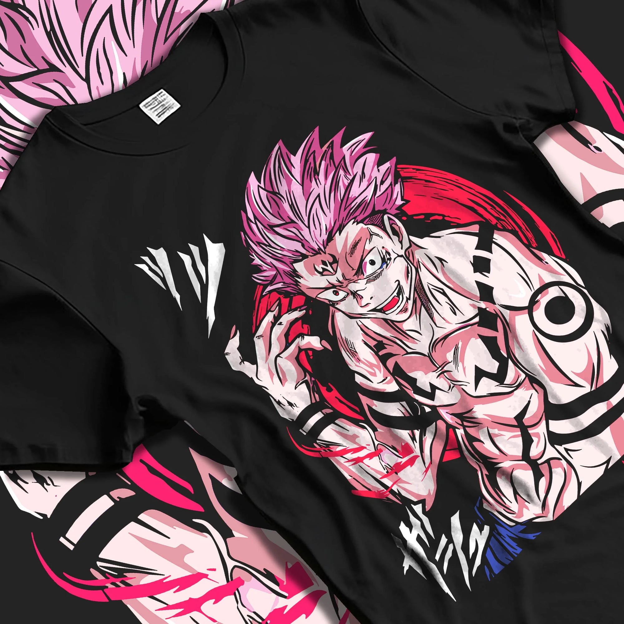 Black T-shirt laid flat with natural folds with Sukuna Hoodie Jujutsu Kaisen Cursed Mark Power graphic streetwear graphic.