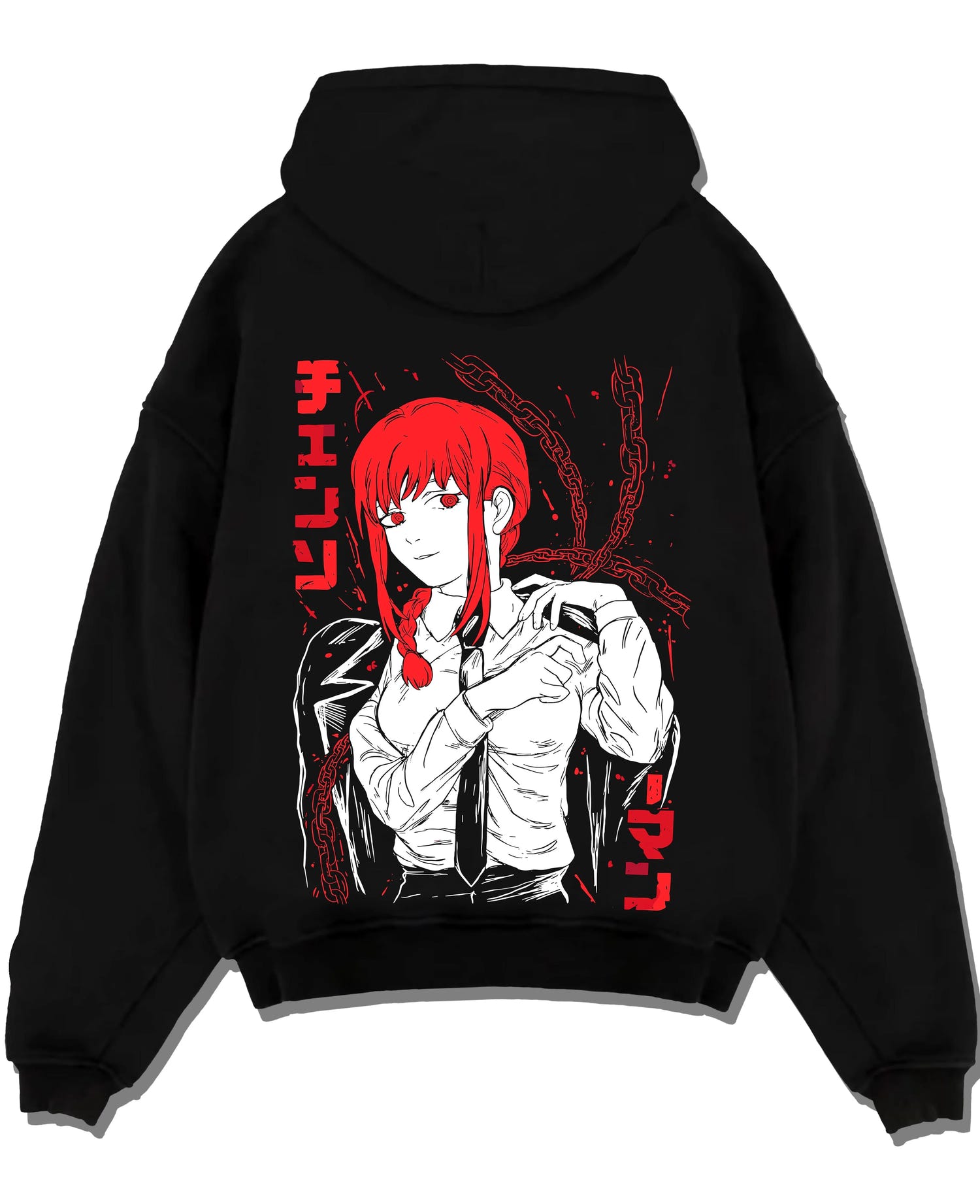 Black pullover hoodie laid flat with Makima Pose Hoodie Chainsaw Man Devilish Style graphic Makima anime design.