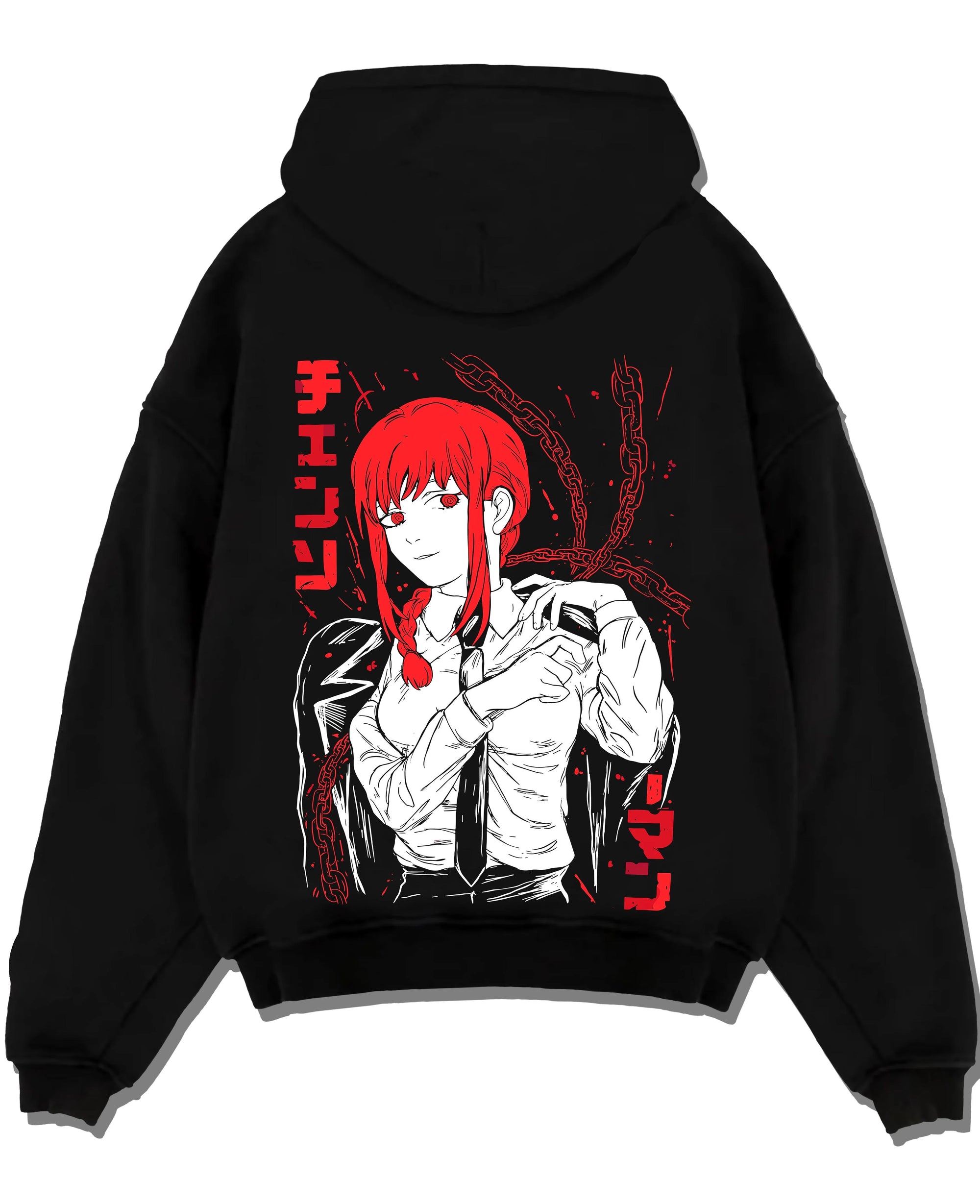 Black pullover hoodie laid flat with Makima Pose Hoodie Chainsaw Man Devilish Style graphic Makima anime design.