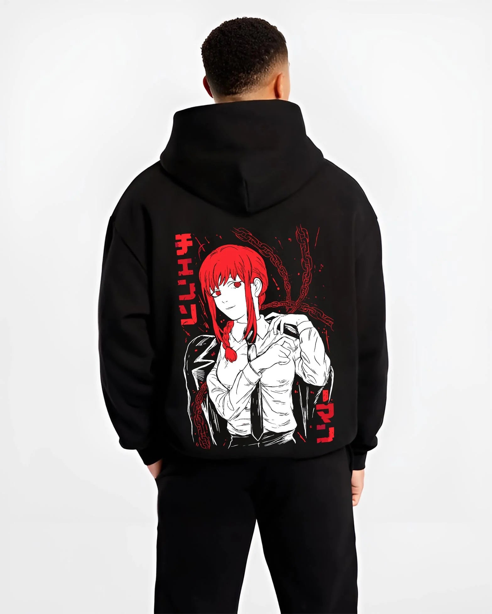 Black hoodie worn by male model, back view with Makima Pose Hoodie Chainsaw Man Devilish Style graphic premium wear.