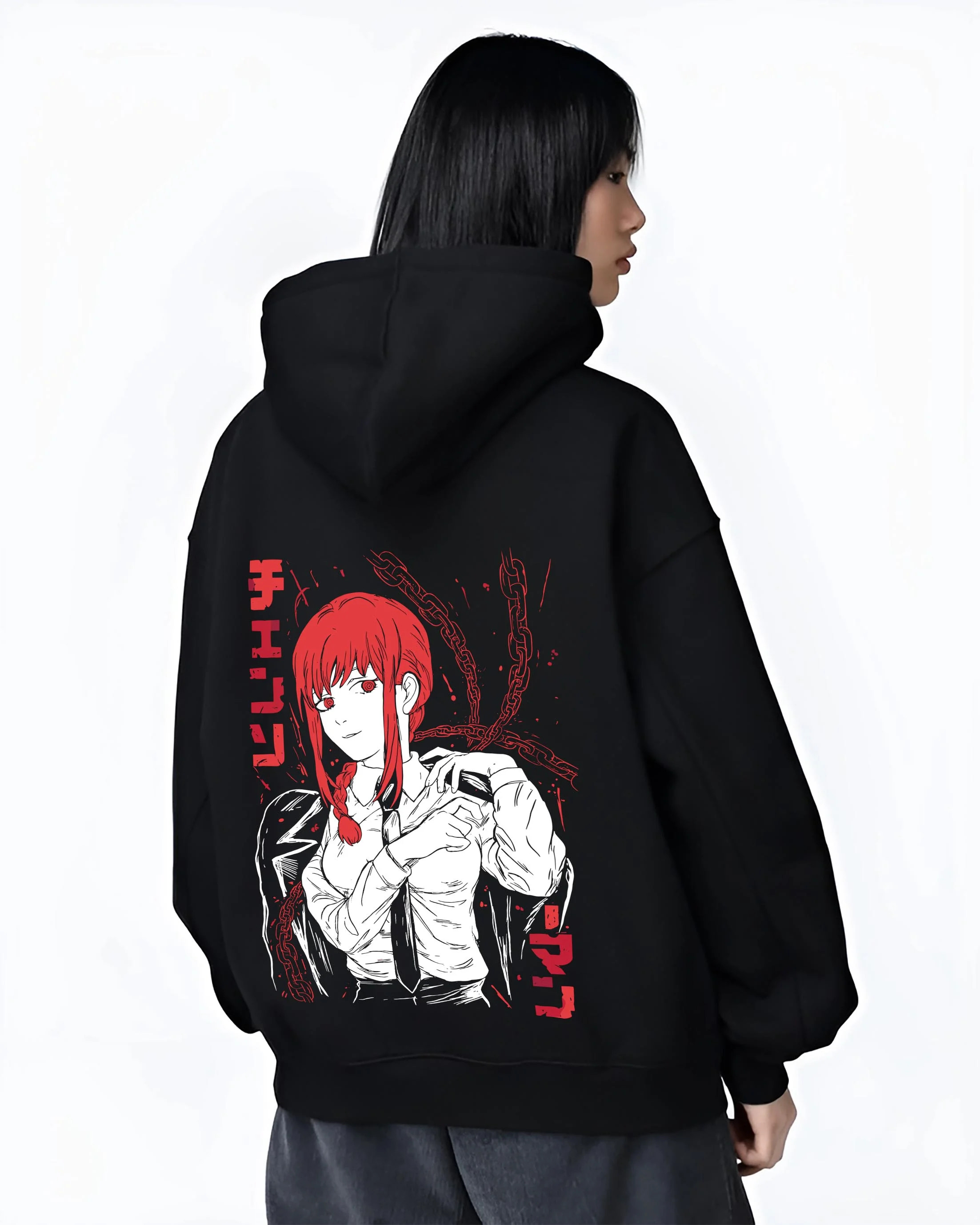 Black hoodie worn by female model, back view with Makima Pose Hoodie Chainsaw Man Devilish Style graphic Makima anime design.