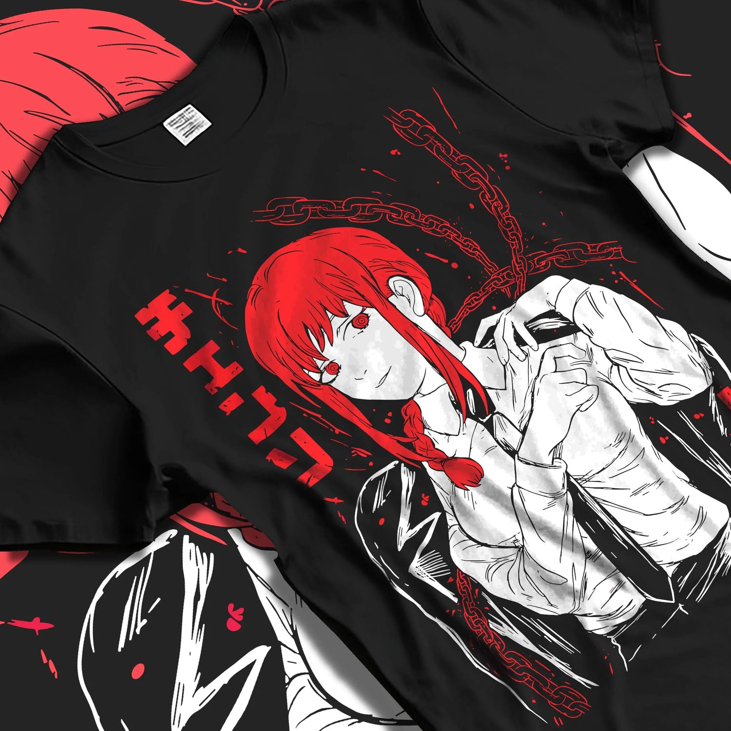 Black T-shirt laid flat with natural folds with Makima Pose Hoodie Chainsaw Man Devilish Style graphic bold anime graphic.