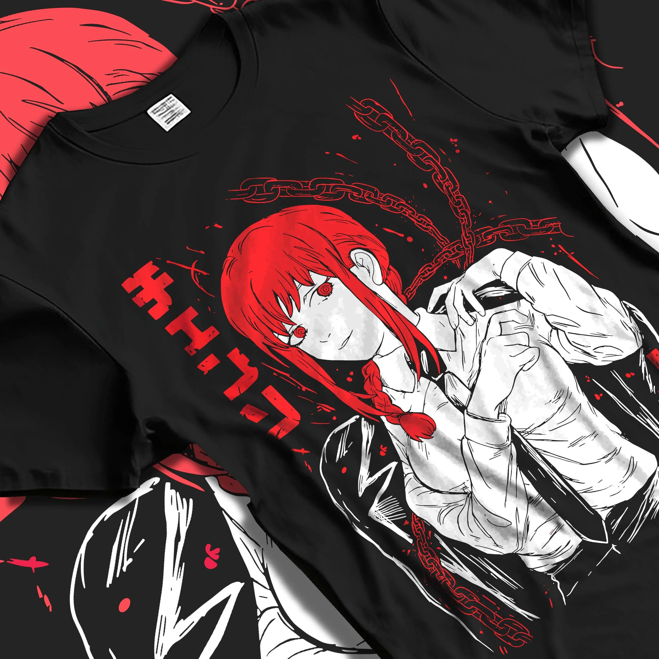 Black T-shirt laid flat with natural folds with Makima Pose Hoodie Chainsaw Man Devilish Style graphic bold anime graphic.