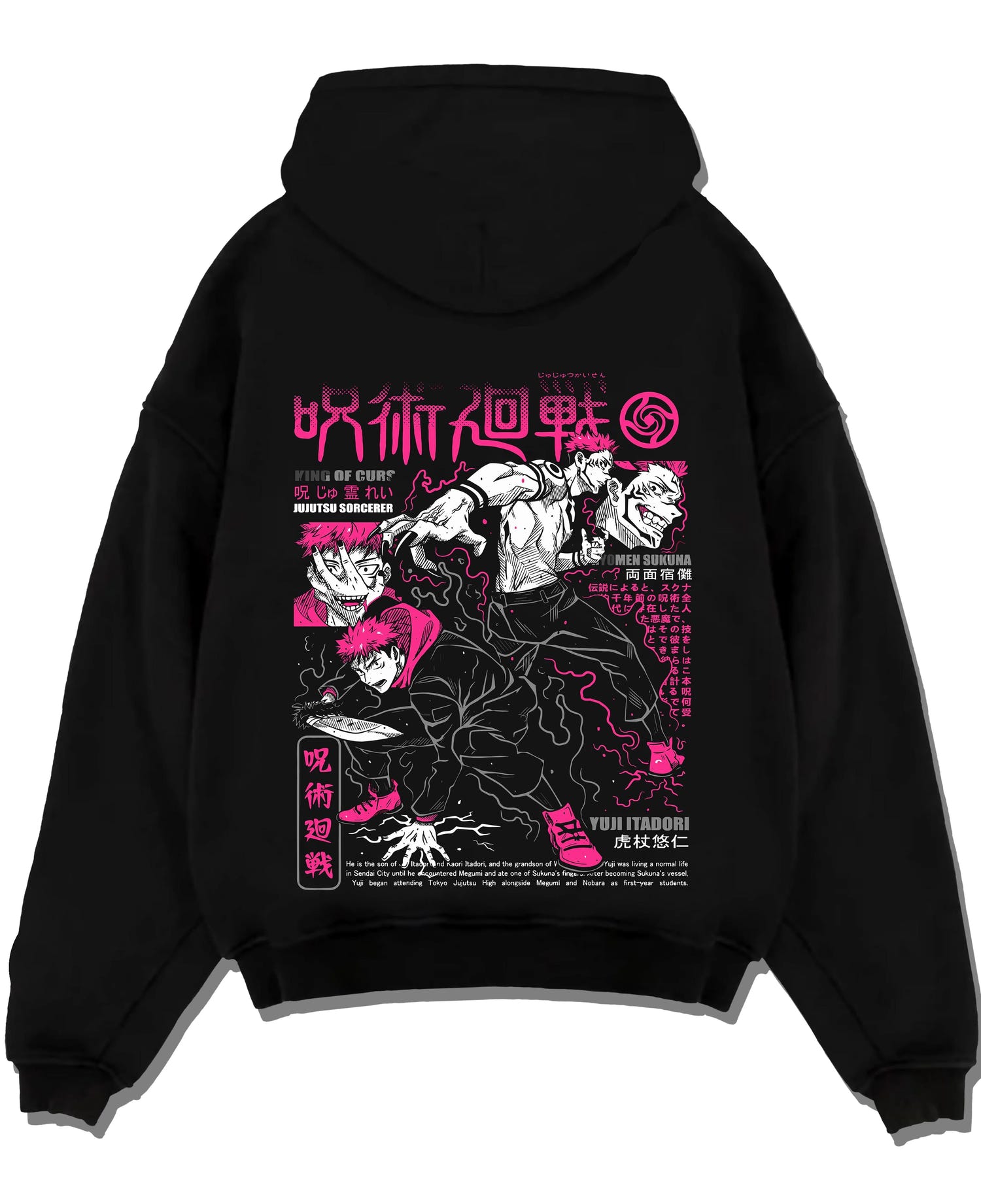 Black pullover hoodie laid flat with Sukuna vs Yuji Hoodie Jujutsu Kaisen Epic Fight graphic streetwear graphic.