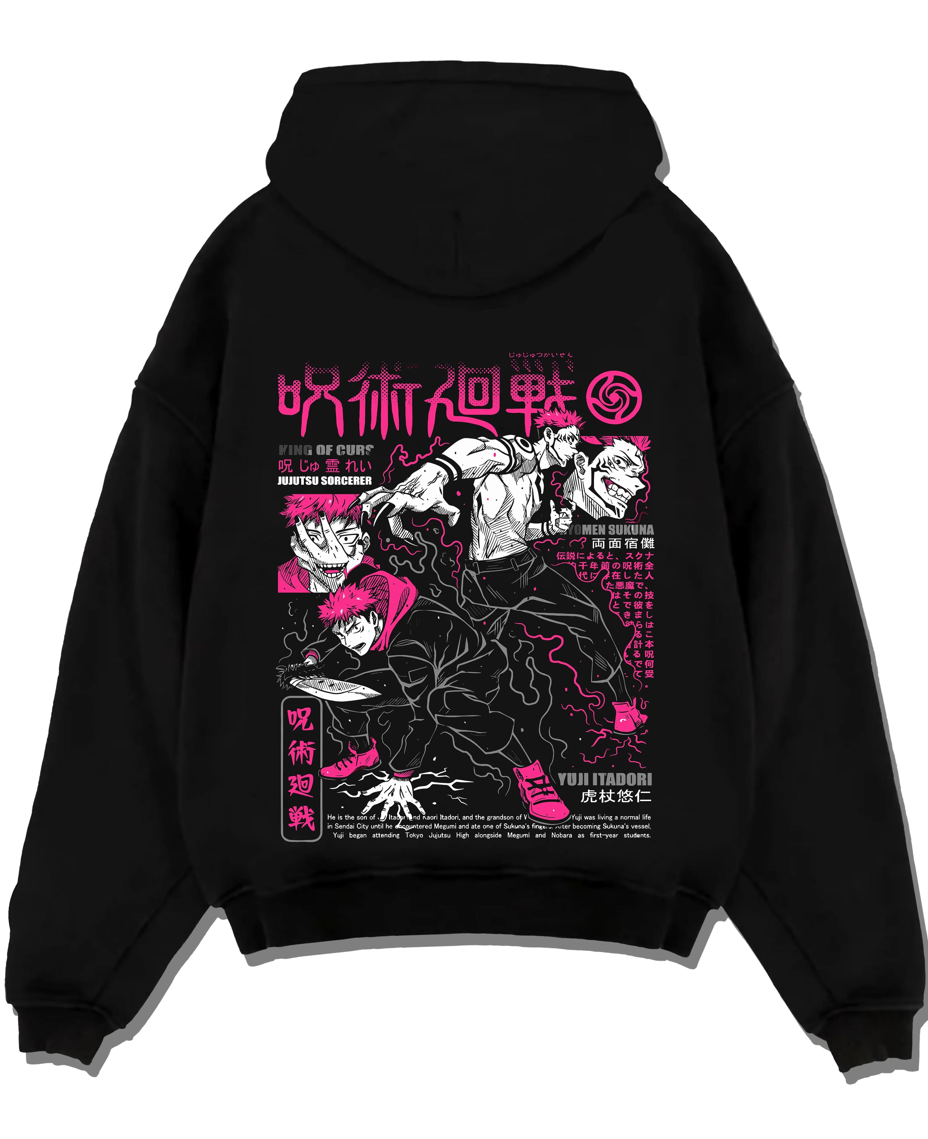 Black pullover hoodie laid flat with Sukuna vs Yuji Hoodie Jujutsu Kaisen Epic Fight graphic streetwear graphic.
