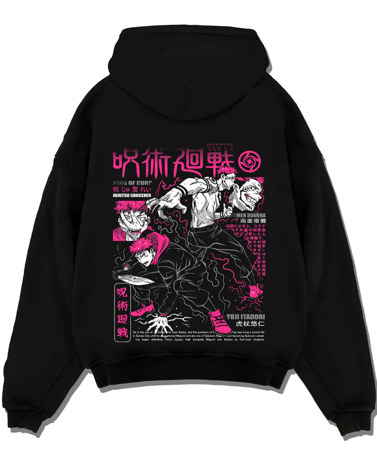 Black pullover hoodie laid flat with Sukuna vs Yuji Hoodie Jujutsu Kaisen Epic Fight graphic streetwear graphic.