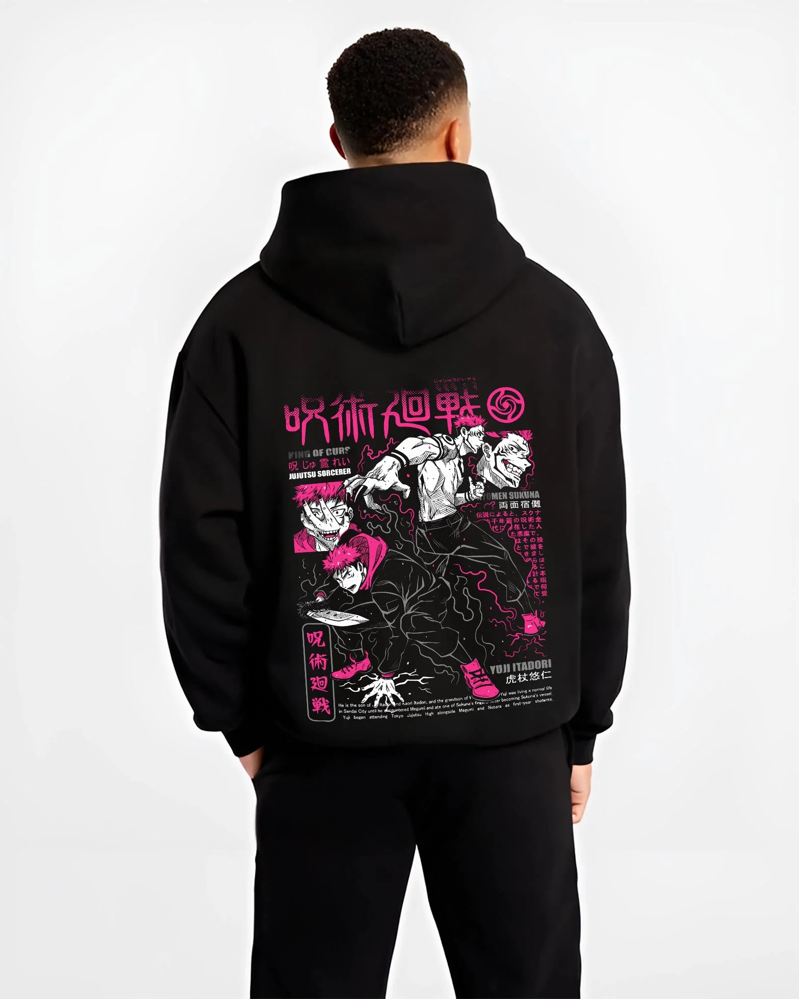 Black hoodie worn by male model, back view with Sukuna vs Yuji Hoodie Jujutsu Kaisen Epic Fight graphic streetwear graphic.