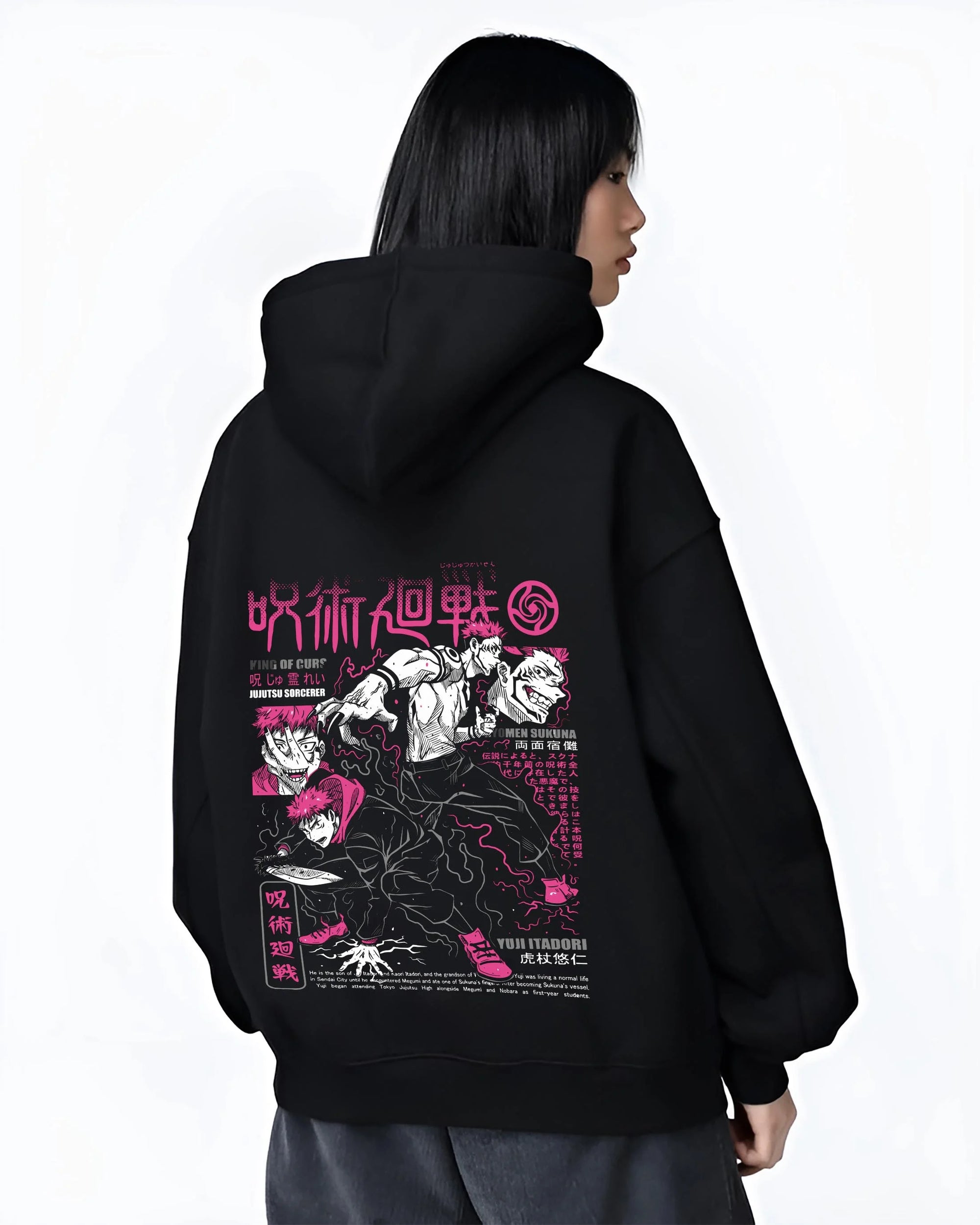 Black hoodie worn by female model, back view with Sukuna vs Yuji Hoodie Jujutsu Kaisen Epic Fight graphic premium wear.