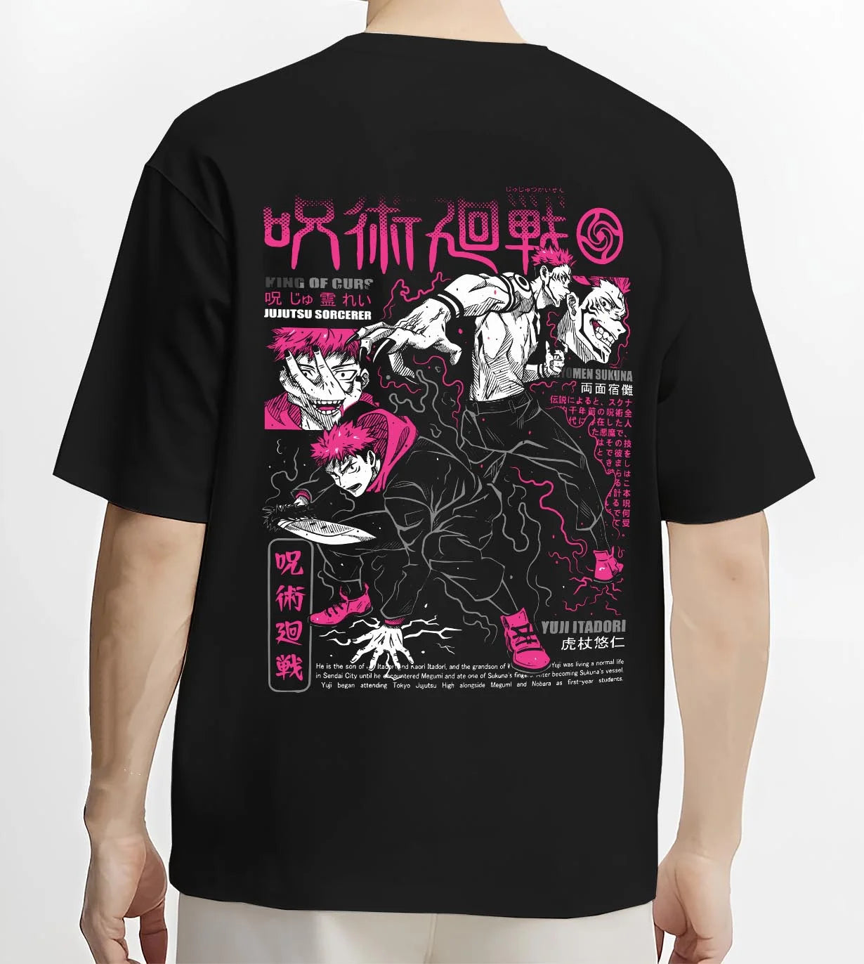 Black T-shirt worn by male model, back view with Sukuna vs Yuji Hoodie Jujutsu Kaisen Epic Fight graphic bold anime graphic.
