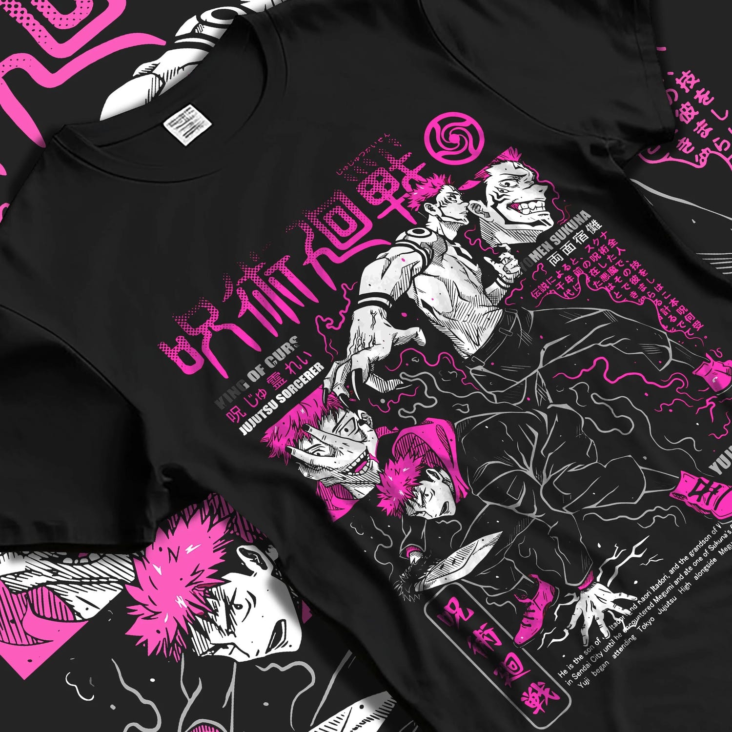Black T-shirt laid flat with natural folds with Sukuna vs Yuji Hoodie Jujutsu Kaisen Epic Fight graphic premium wear.