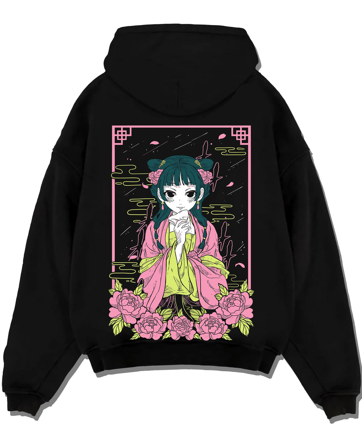 Black hoodie laid flat featuring Maomao floral herbalist portrait artwork.