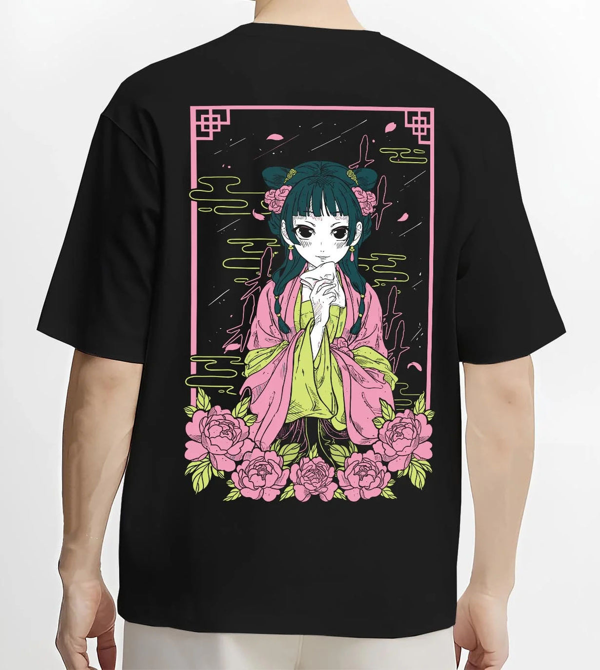 Black T-shirt worn by male model from the back featuring Maomao floral herbalist portrait artwork.