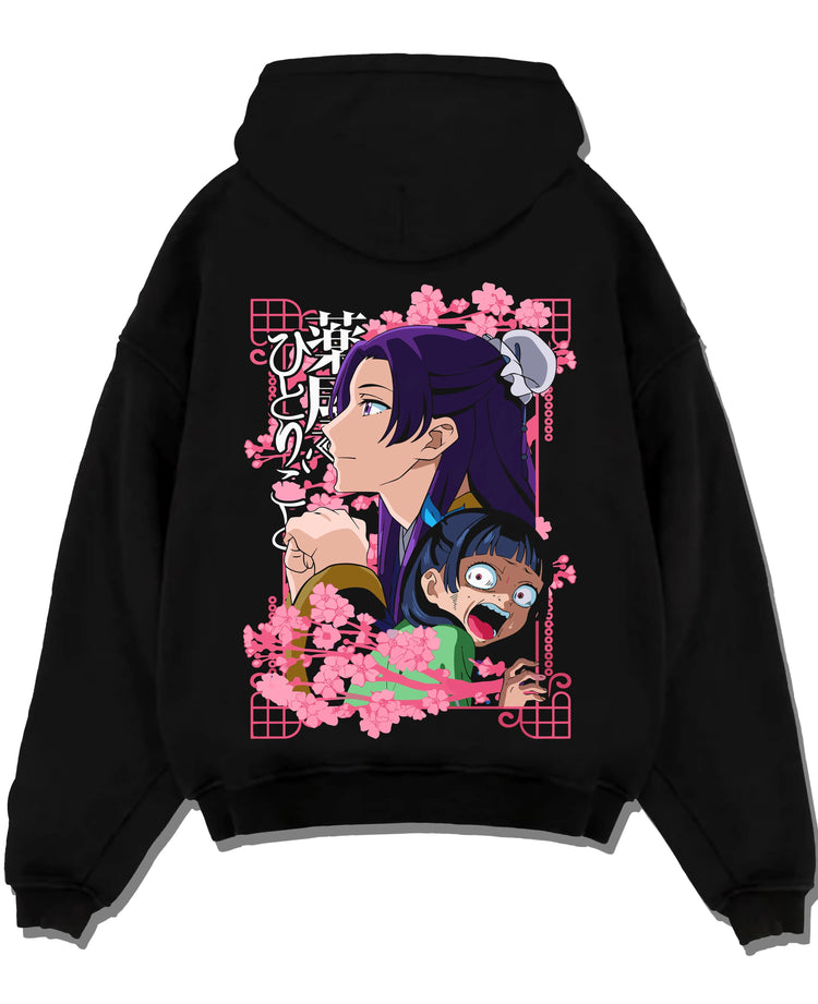 Black pullover hoodie laid flat with Maomao Hoodie Apothecary Diaries Poison Tester Maid graphic premium wear.