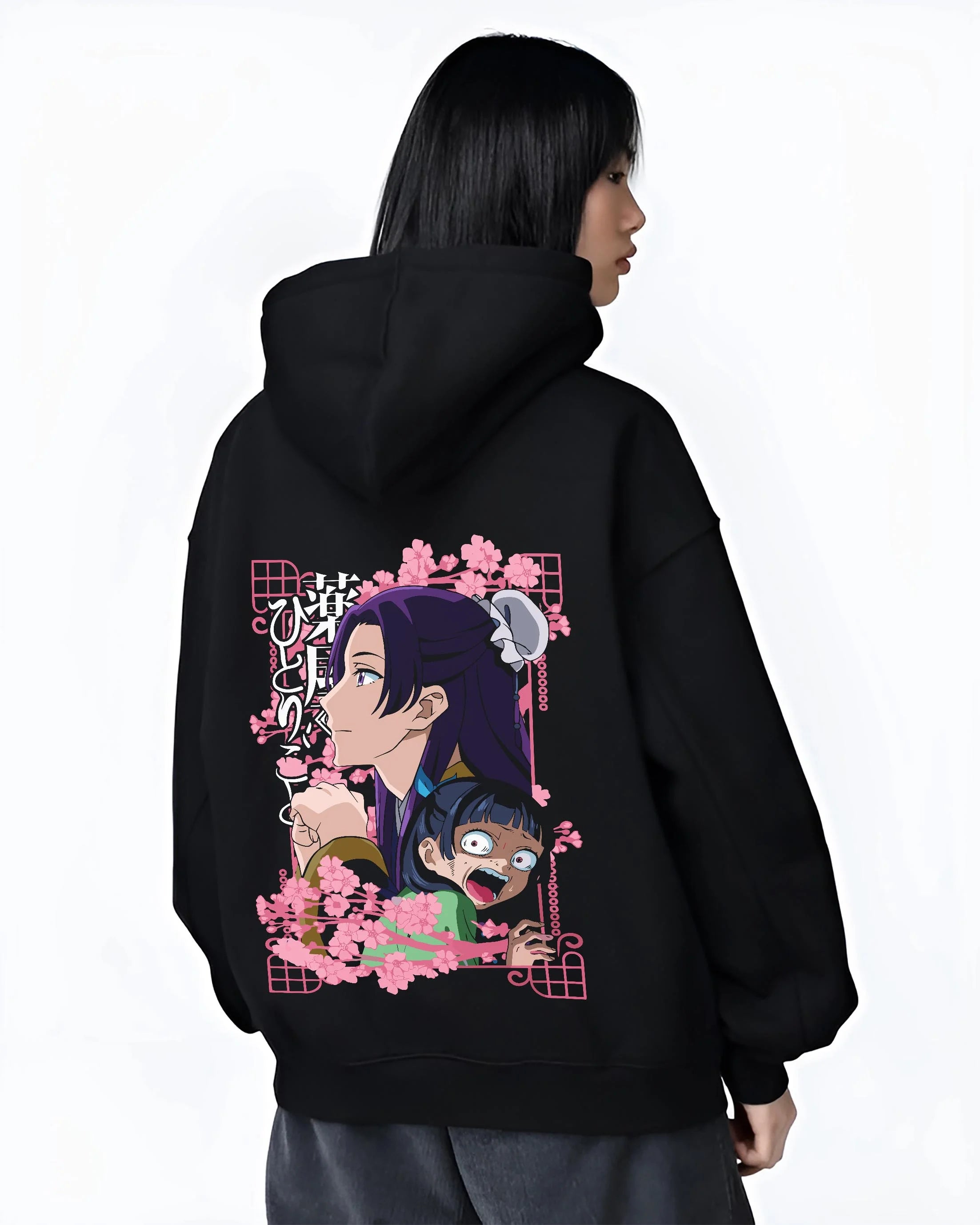 Black hoodie worn by female model, back view with Maomao Hoodie Apothecary Diaries Poison Tester Maid graphic premium wear.