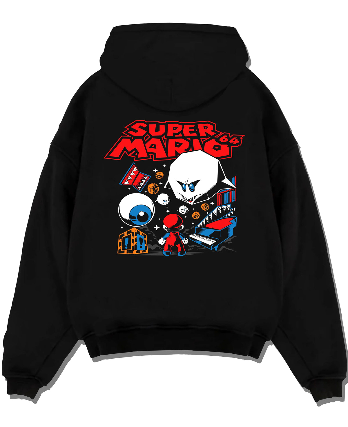 Black hoodie laid flat featuring Mario with Boo ghost arcade imagery artwork.