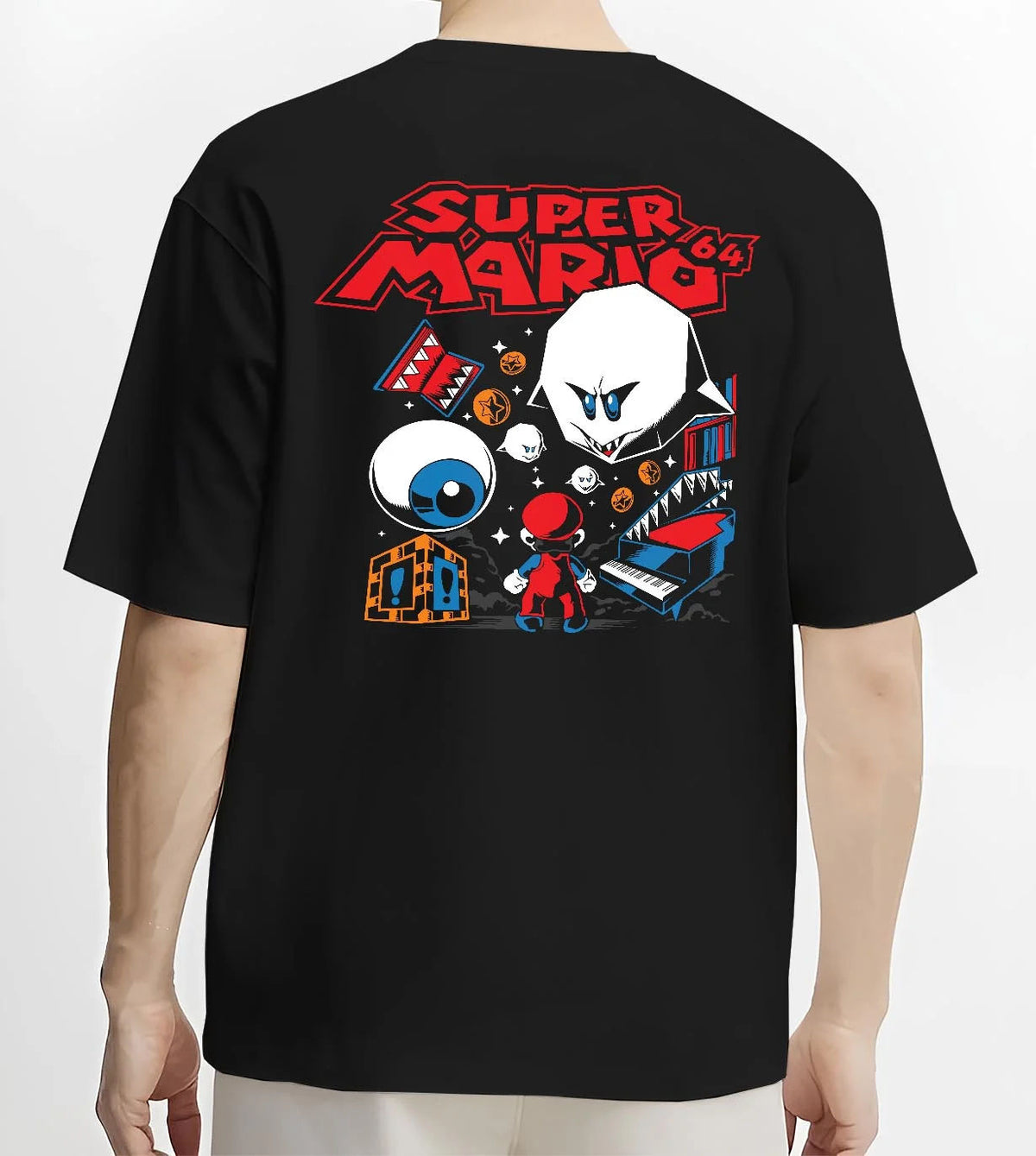 Black T-shirt worn by male model from the back featuring Mario with Boo ghost arcade imagery artwork.