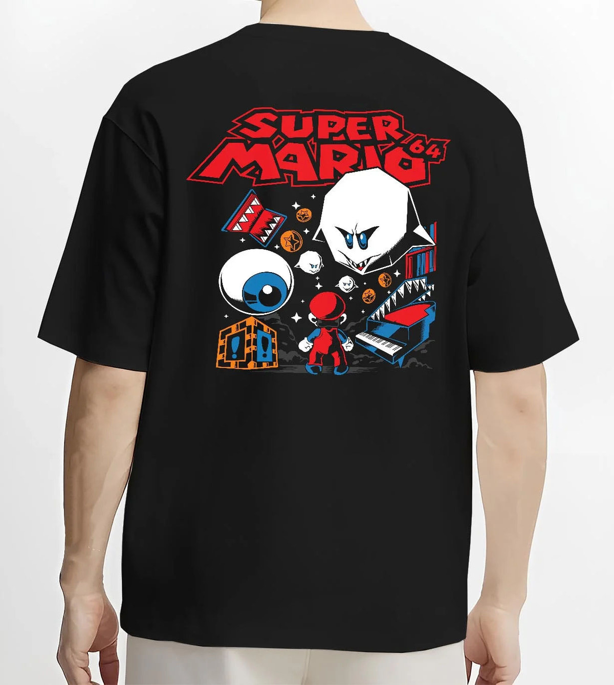 Black T-shirt worn by male model from the back featuring Mario with Boo ghost arcade imagery artwork.