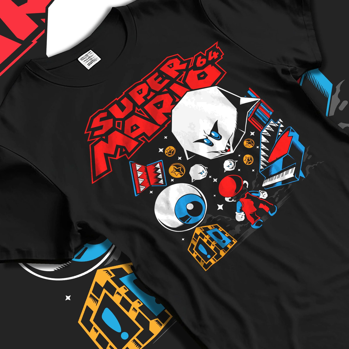Black T-shirt laid flat with natural folds featuring Mario with Boo ghost arcade imagery artwork.
