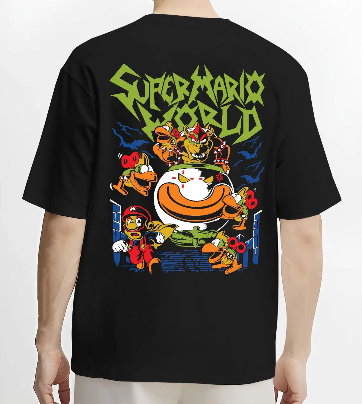 Black T-shirt worn by male model from the back featuring Bowser Jr in his clown car artwork.