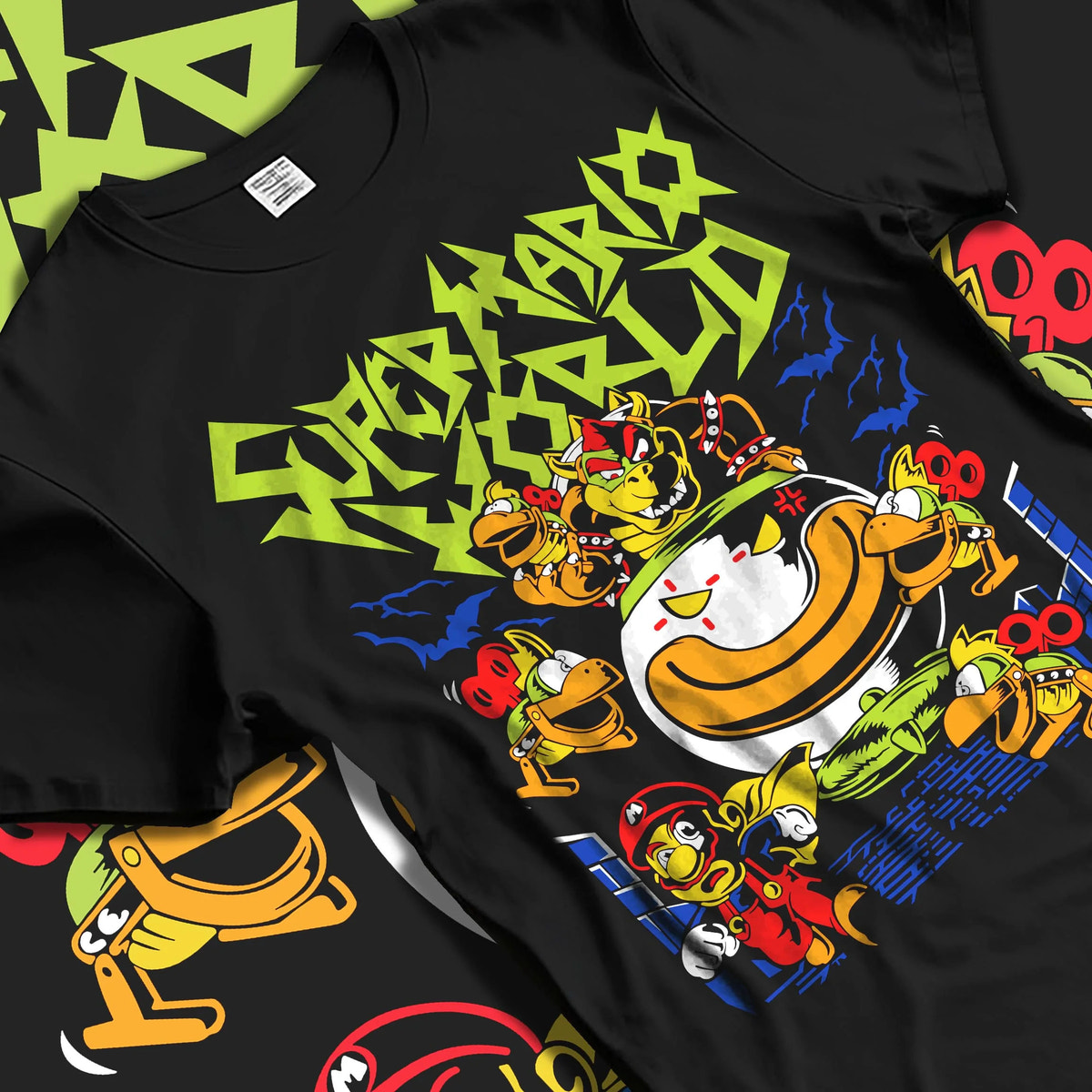 Black T-shirt laid flat with natural folds featuring Bowser Jr in his clown car artwork.