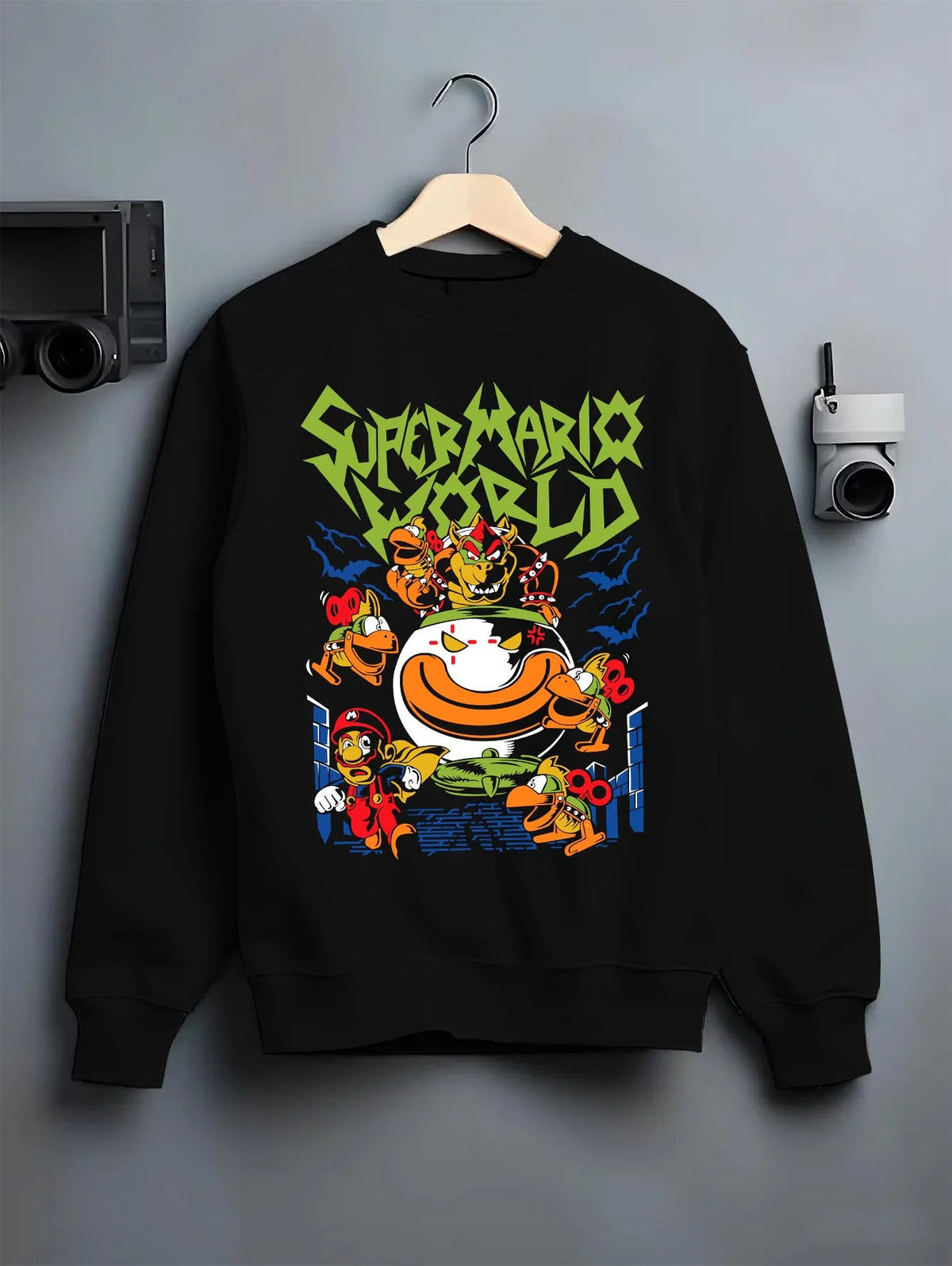Black crewneck sweatshirt on hanger featuring Bowser Jr in his clown car artwork.