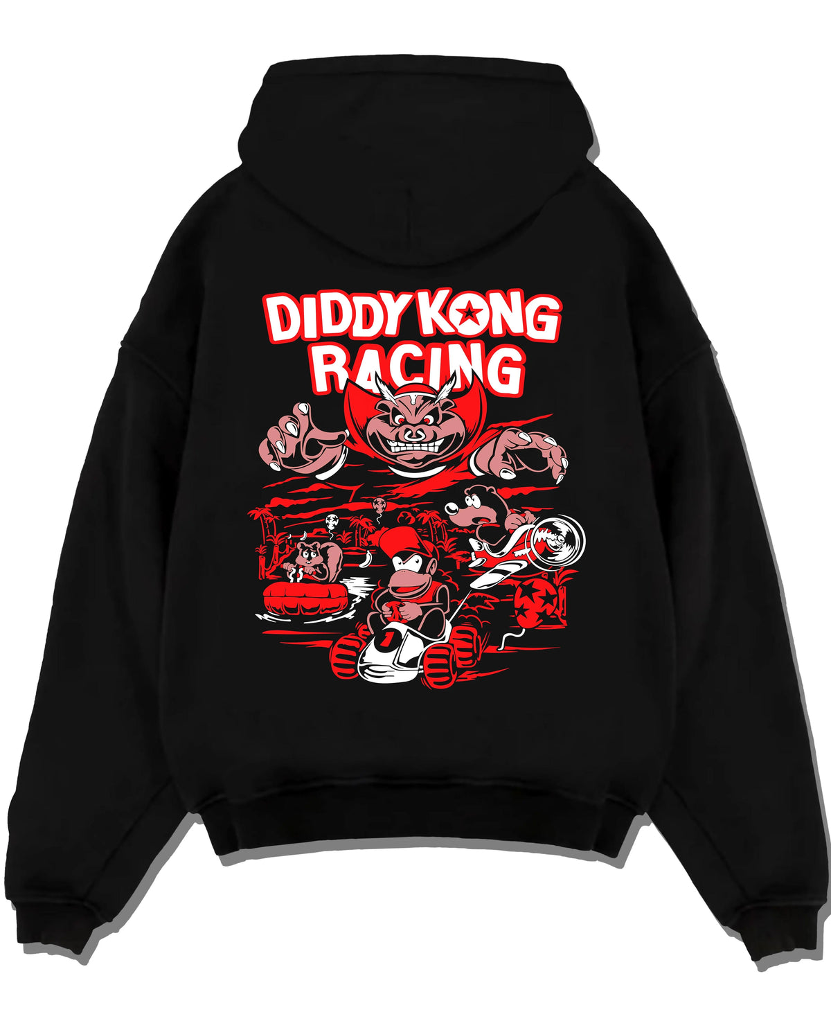 Black hoodie laid flat featuring Diddy Kong Racing kart action artwork.