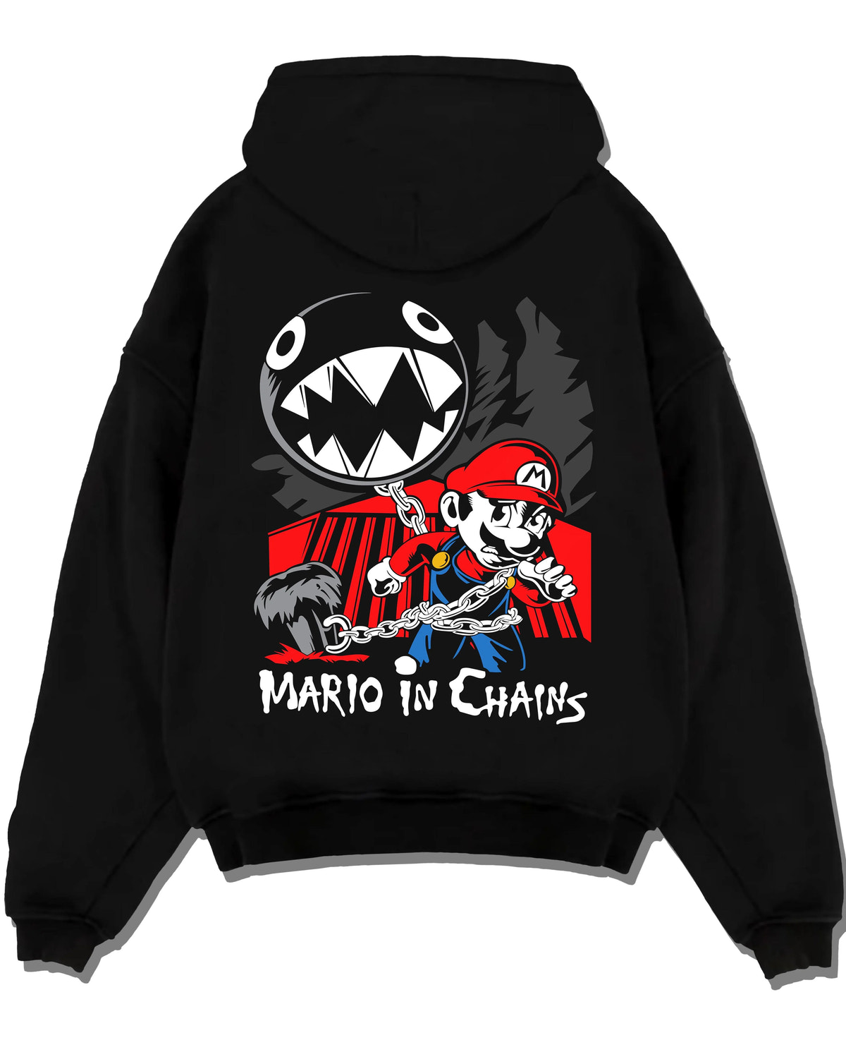 Black hoodie laid flat featuring Mario and Chain Chomp artwork.