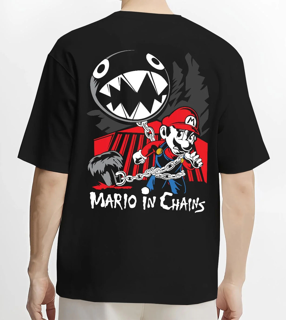 Black T-shirt worn by male model from the back featuring Mario and Chain Chomp artwork.